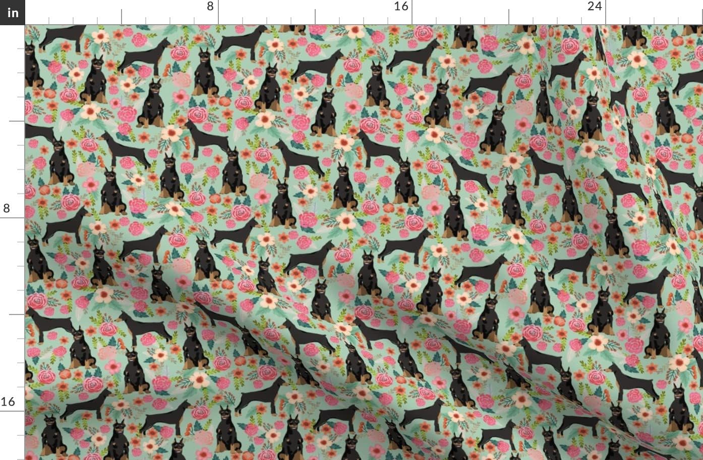 Spoonflower Fabric - Doberman Dogs Pinscher Green Floral Florals Mint Vintage Pet Portrait Printed on Organic Cotton Sateen Fabric by The Yard - Sewing Quilting Apparel Home Decor