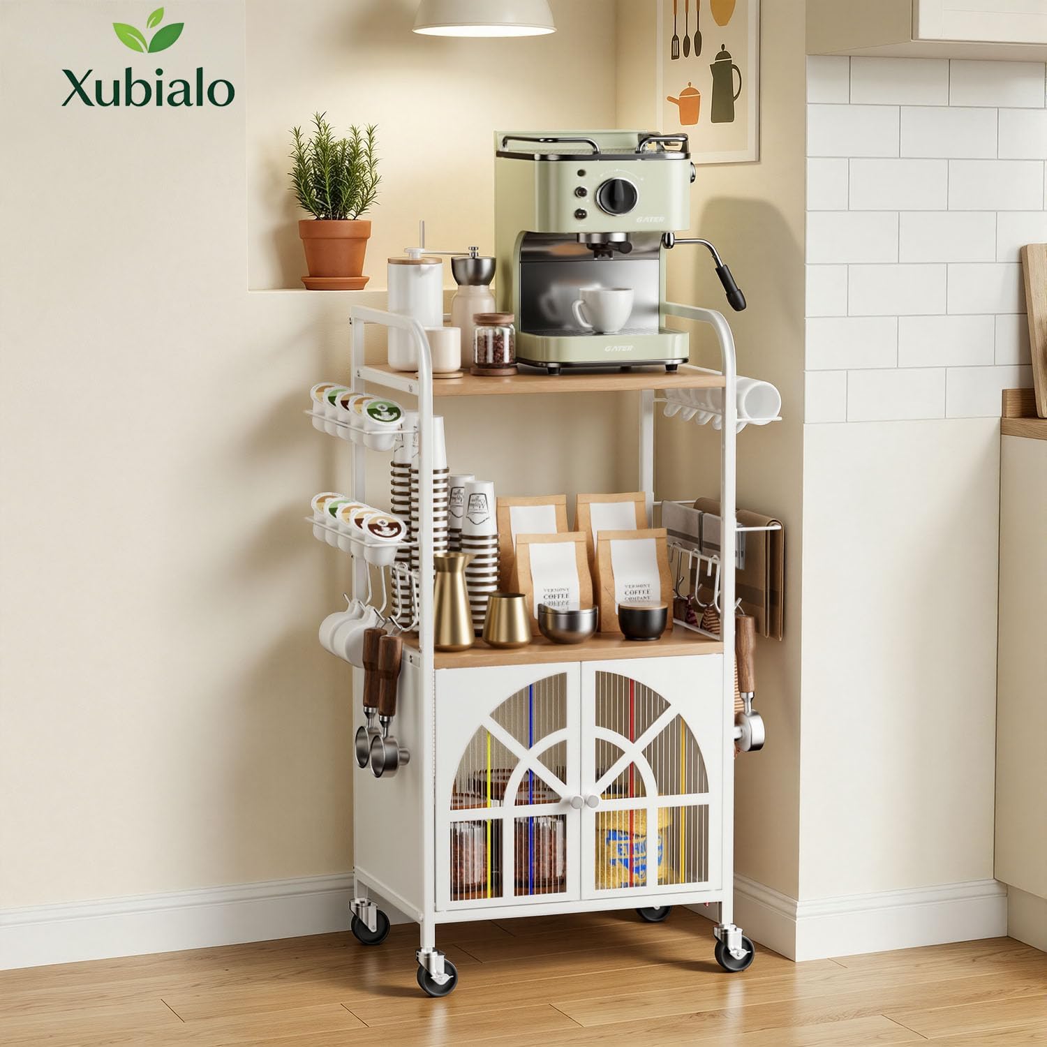 Xubialo Coffee Bar Cabinet for Home, 3 Tier Small Rolling Coffee Bar Cart, 16.9 x12 Kitchen Stand Station with Storage, Coffee Station Table on Wheels, 4 K Cup Pod Holder, 8 Hooks for Corner, Office image 2