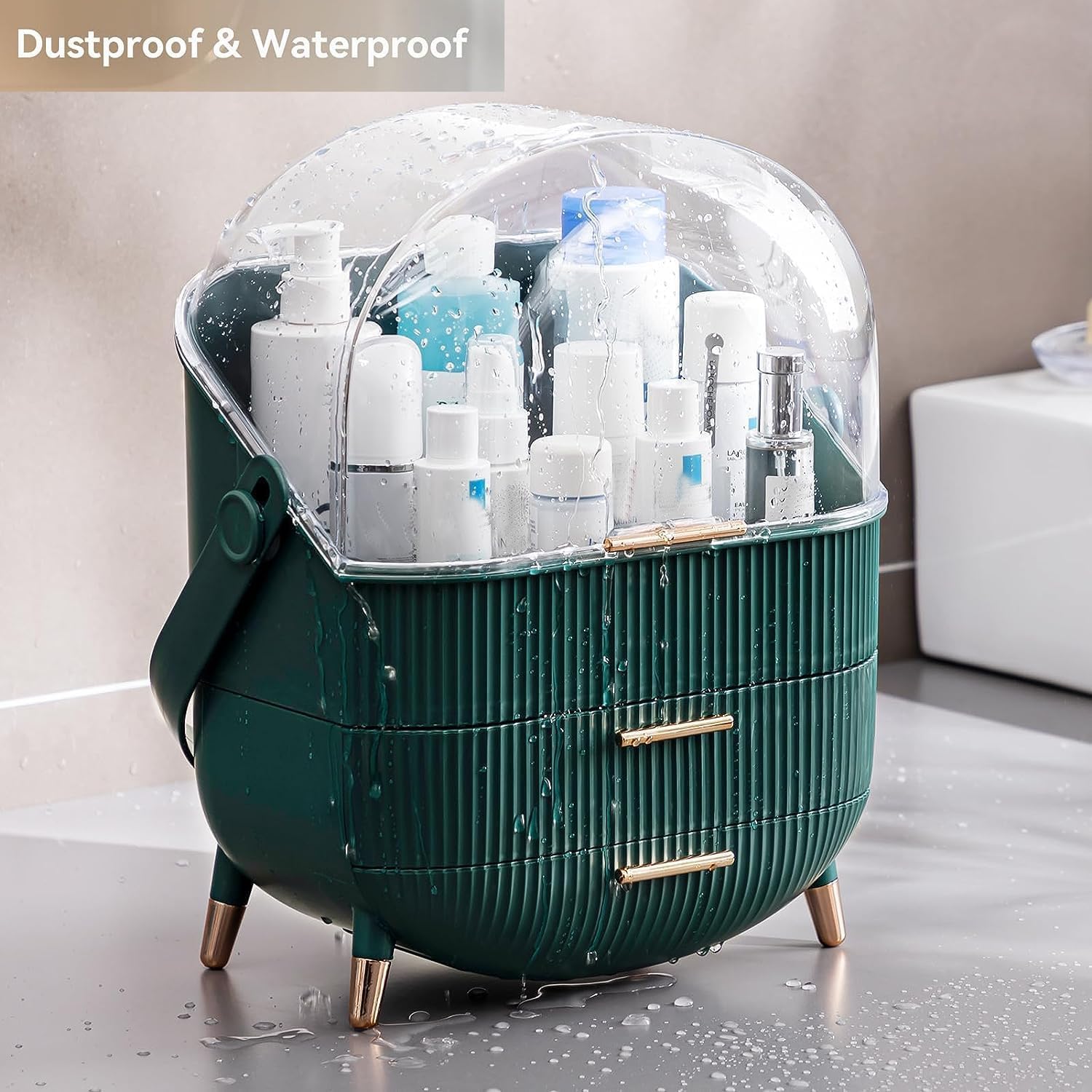 Kousee Custodia multifunzione per cosmetici, antipolvere, organizer per prodotti per la cura della pelle, organizer per gioielli, scatola per finitura per camera da letto, bagno, scrivania, verde