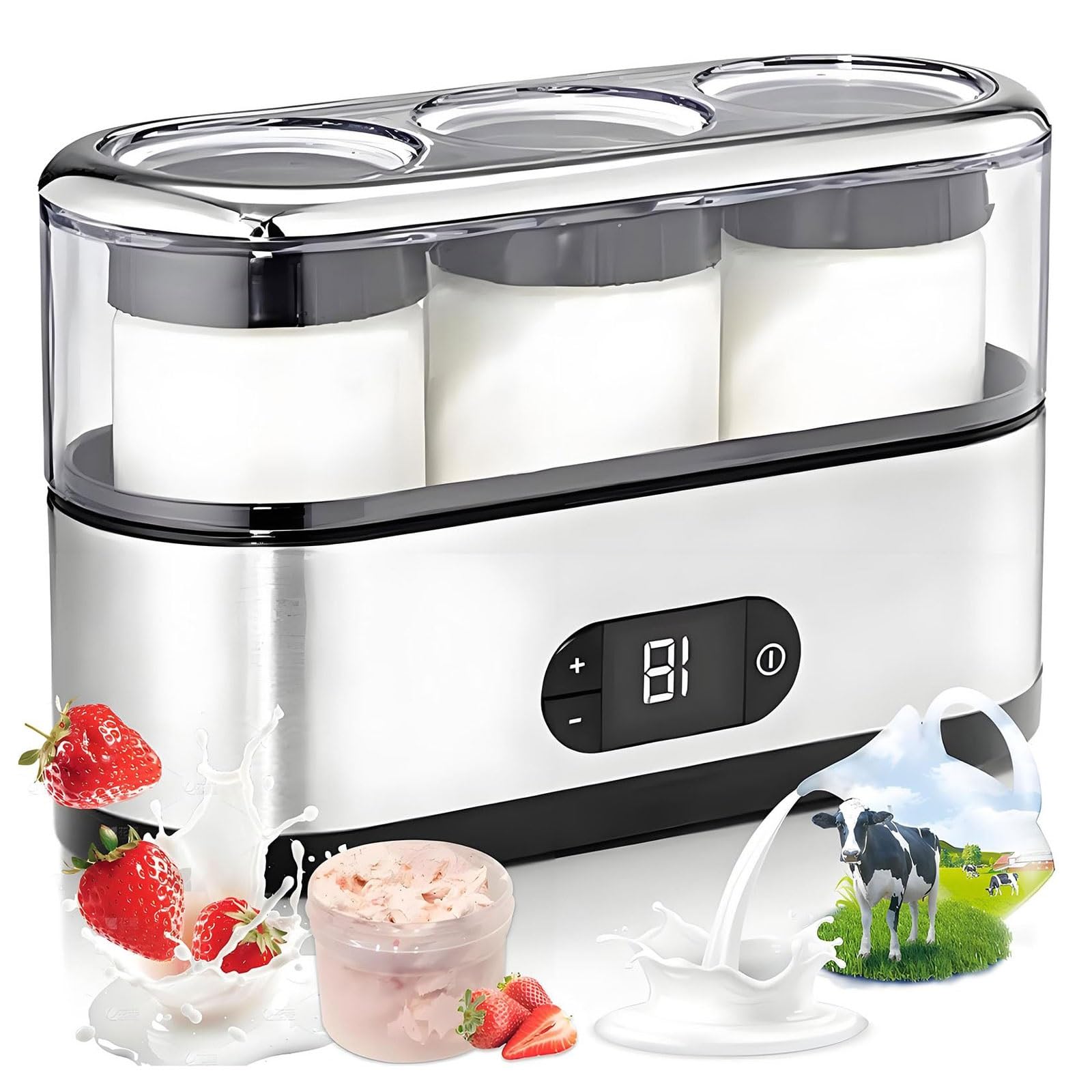 Automatyczna jogurtownica z 3 szklanymi słoikami, elektryczna jogurtownica o pojemności 450 ml z wyświetlaczem LCD, temperatura fermentacji 42°C, wielofunkcyjna maszyna do produkcji jogurtu do biura