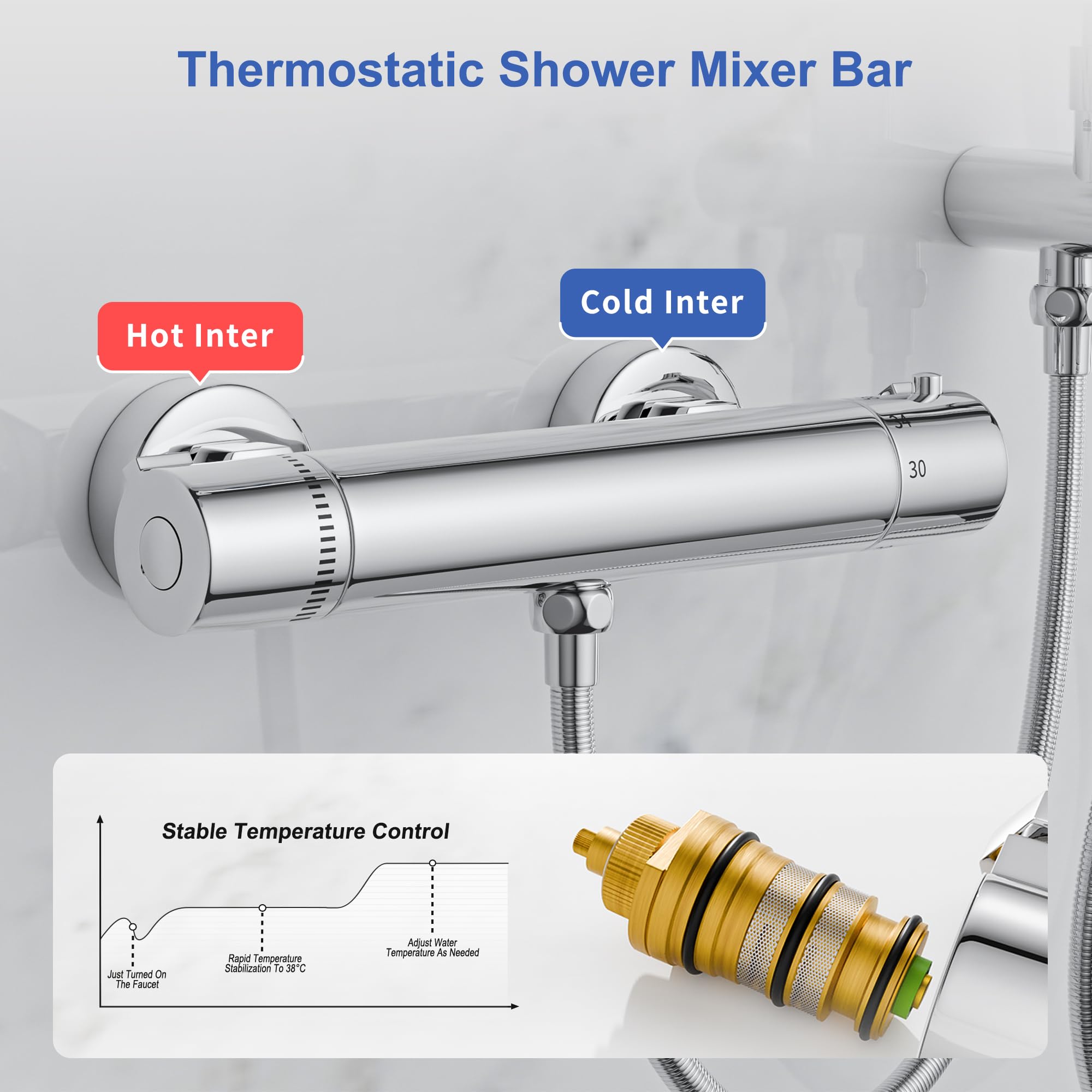 MORADO Duschsystem mit Thermostat,Regendusche mit Armatur,Duscharmatur komplettset mit thermostat, Runder Regendusche und Handbrause,95cm Höhe,Chrom