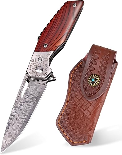 Miniatura 7 de Cuchillo de bolsillo de Damasco regalo del día del padre, cuchillo plegable EDC con estructura de titanio, diseño de pasador de pivote oculto, mango