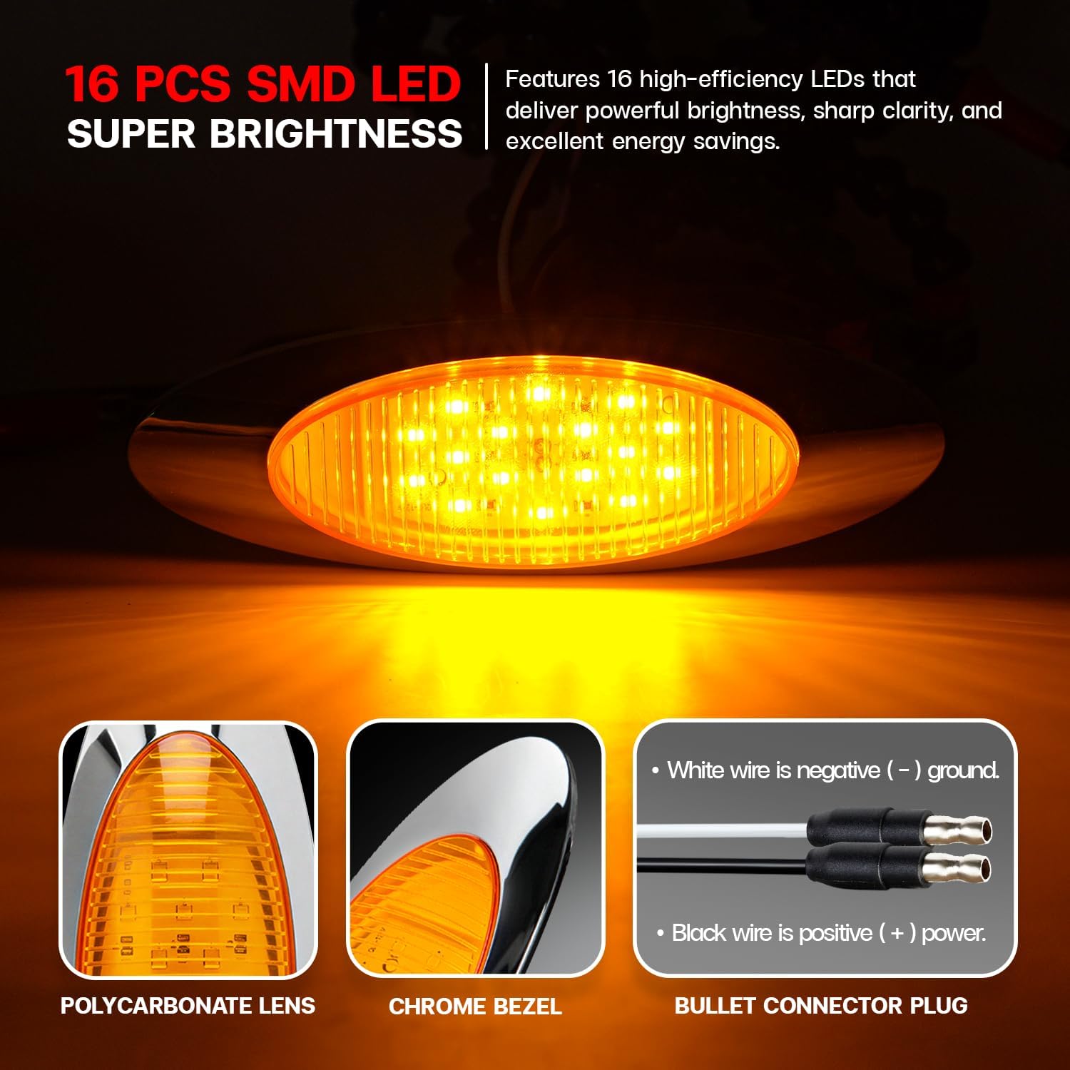 Pack of 5 6.5” Oval 16LED Amber Side Marker Lights with Connector Plug, Clearance Lights, Chrome Bezel, 12V DC for Truck Trailer Pickup RV