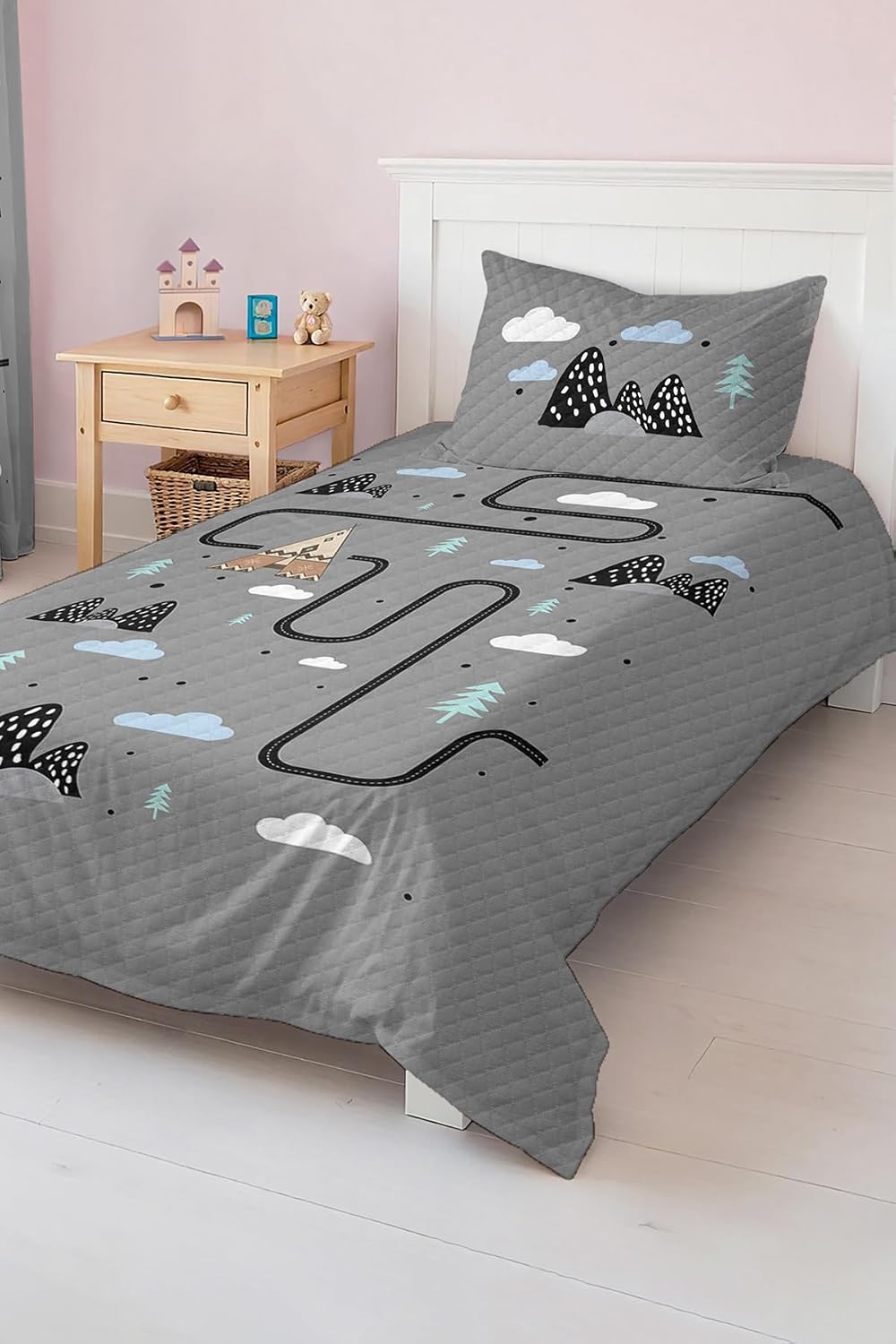 SODEF Bedding Set Twin Size Road Vehicle Pattern for Kids Boys Room, Lightweight Quilt Set with Pillow Sham, Soft Cotton Polyester Blend, Multicolor - Multicolor, One Size