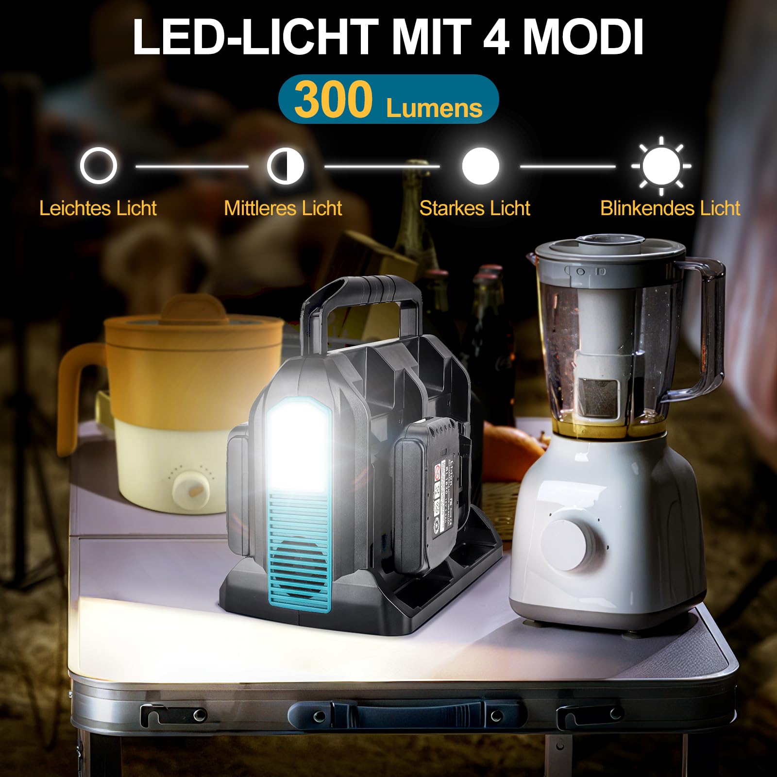 350w Wechselrichter für Makita 18v Akku, DC 18V auf AC 230V Reiner Sinus Spannungswandler, 4 Ports Stromwandler mit USB-A & USB-C Anschluss, 300LM LED Licht für Camping Notfall