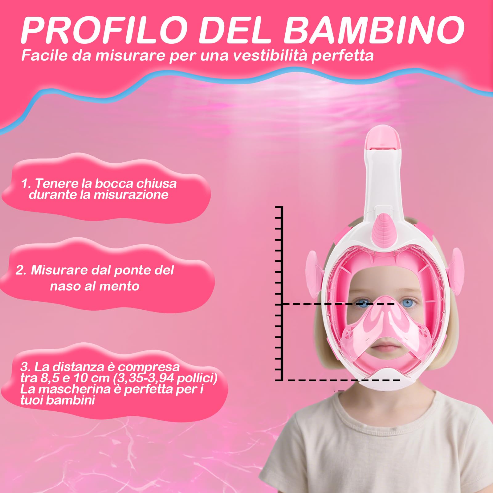 Vitare Maschera da Snorkeling per Bambini, Maschera Subacquea con Vista Panoramica a 180°, Maschera Mare Facciale Impermeabile e Antiappannamento - Rosa Unicorno XS