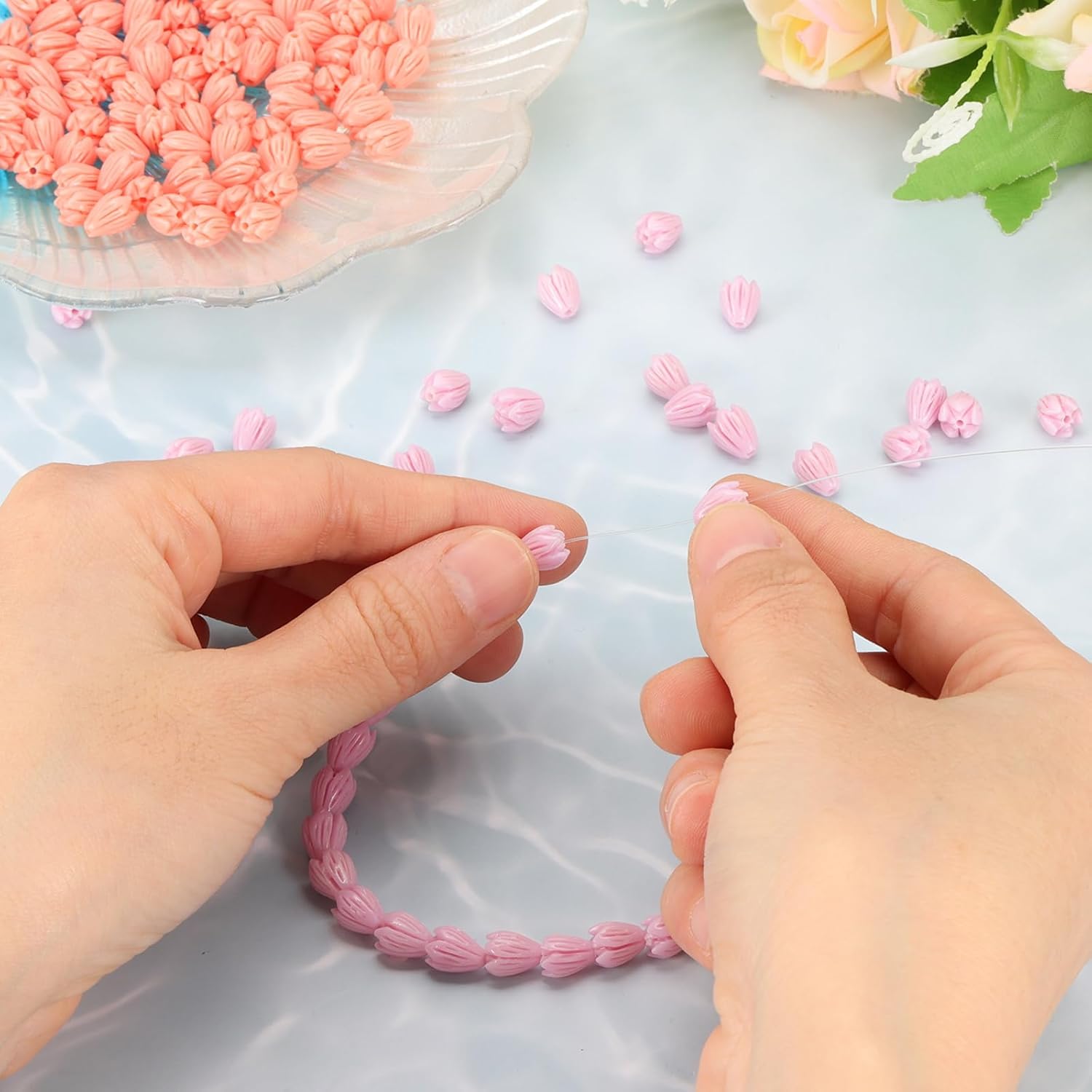 PATIKIL 50 Pcs Coral Flower Beads, 9x7mm Artificial Jasmine Flower Shell Floral Spacer Beads for Jewelry Making DIY Crafts Necklace Bracelet Earring Accessories, Rose Red - Image 6