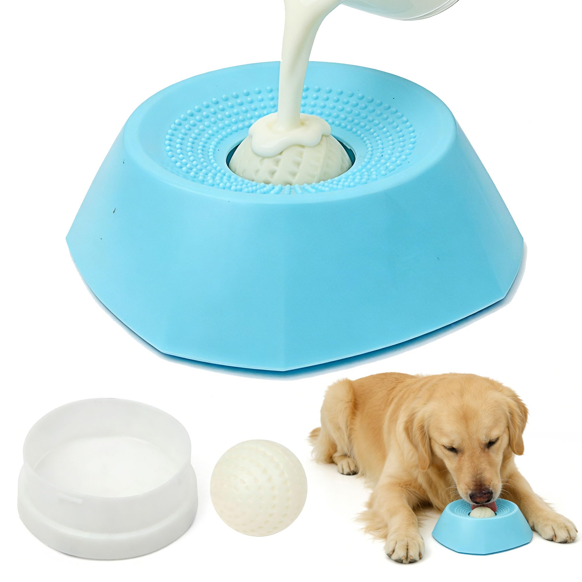 Upgraded Dog Lick Ball - Octagonal Anti-Slip SLow Feeder Dog Bowl, Durable ABS Dog Licking Bowl with Ball & Tongue Cleaner, Dog Lick Toy for Bone Broth & Calm Feeding (Blue)