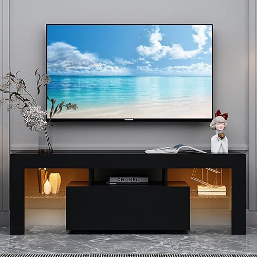 Soporte de TV, moderno soporte de TV con luces LED, soporte de TV LED para TV de 32, 43, 45, 50, 55 pulgadas, centro de entretenimiento con estantes