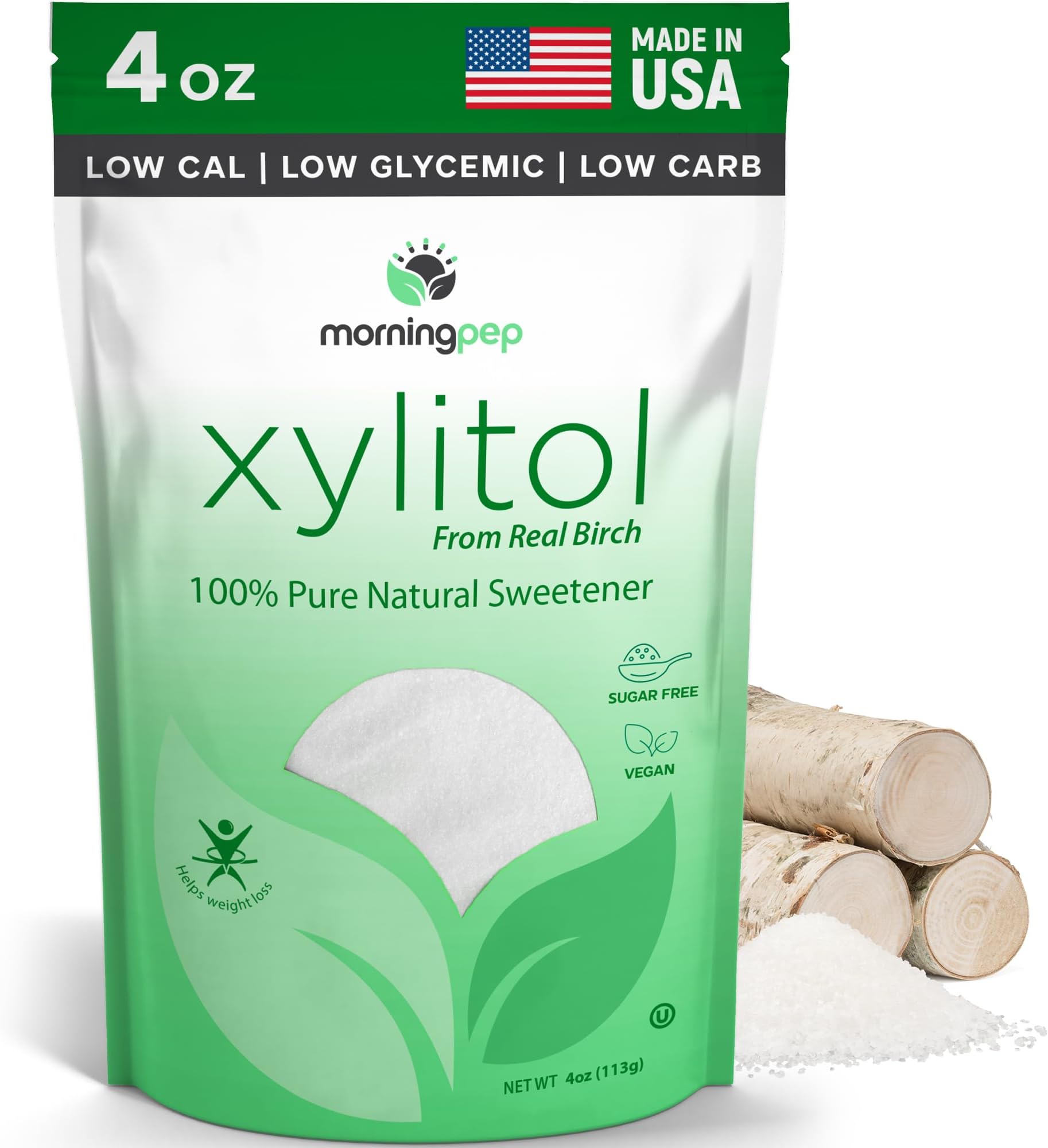 Morning Pep Sample Size Pure Birch Xylitol (Keto Diet Friendly) Sweetener with no Aftertaste 4 OZ (Not from Corn) Non GMO Kosher Gluten Free Product of USA. 4 Onces