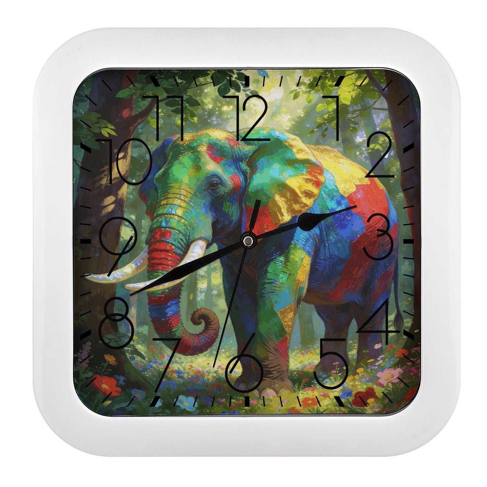 Fodpand Style Colorful Forest Elephant Wall Clock,Battery Operated Modern Retro Rounded Square Clock Clock For Bedroom Living Room Office Home Gym Porch Decor Indoor Outdoor 10.2 * 10.2In