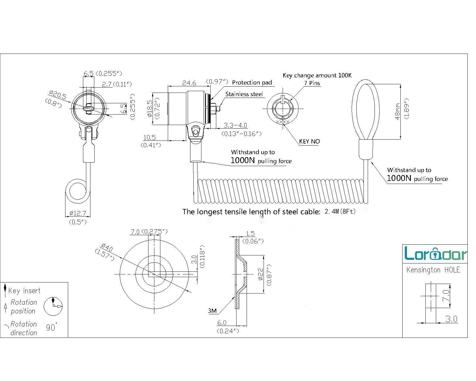 Candado de cable retráctil de seguridad portátil con llave para laptop, 3 llaves, 8 pies para monitores, portátiles, MacBooks, tabletas, iPad, Mac Mini (paquete de 5 llaves iguales)