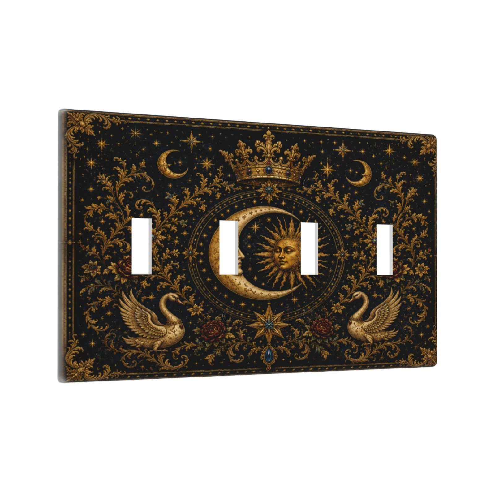 Thsanju Outlet Covers Celestial Sun Moon Fantasy Quad Toggle Light Switch Covers Decorative Royal Gold Magical Fantasy 4 Gang Wall Plate 4 Hole Electrical Device Switchplate Faceplate for Home Decor