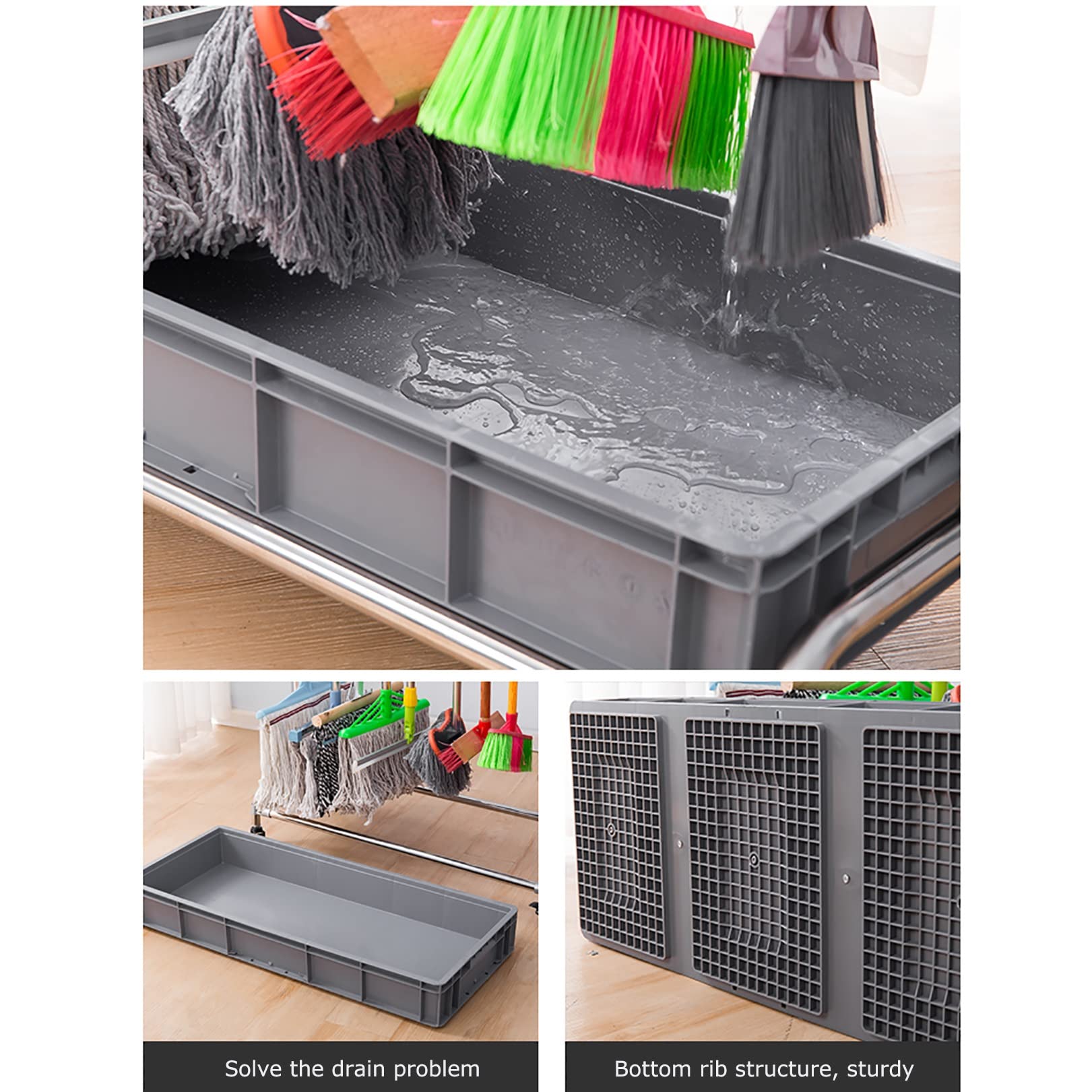 Soporte móvil para fregona y escoba, carrito de herramientas de limpieza de pie con 5 estantes y 6 ganchos, para garaje, jardín, escuela, fábrica