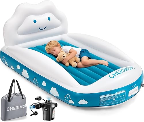 Miniatura 1 de Cama inflable de viaje para niños pequeños, colchón de aire portátil para niños con parachoques de seguridad de 4 lados y bomba eléctrica, colchón