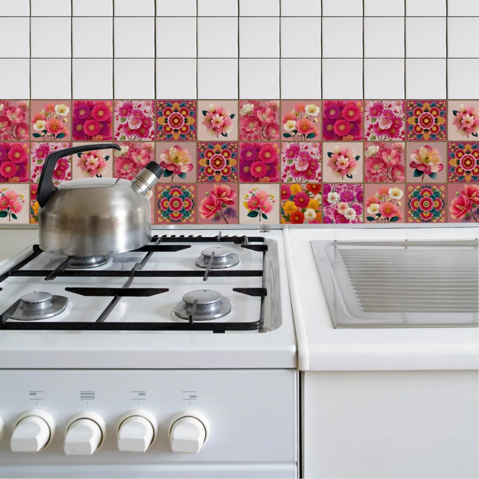 Tile Stickers Pink Flower Stick on Kitchen Tiles Self Adhesive Wall PVC Peel and Covers Transfers Oil-Proof Splashbacks for Walls Removable 10x10cm/24 Pcs