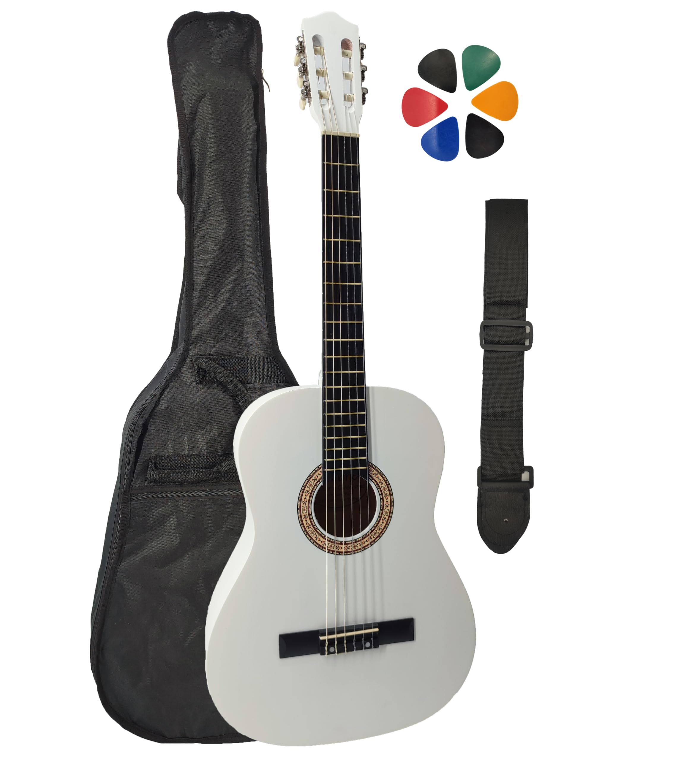 Pack Guitare Classique 4/4 (Adulte) avec Sangle et 6 Médiators (Blanc)
