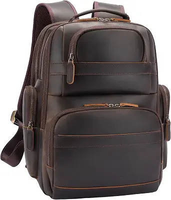 Men's Leather Backpack with Laptop Sleeve, Water Bottle Holder, and Luggage Strap