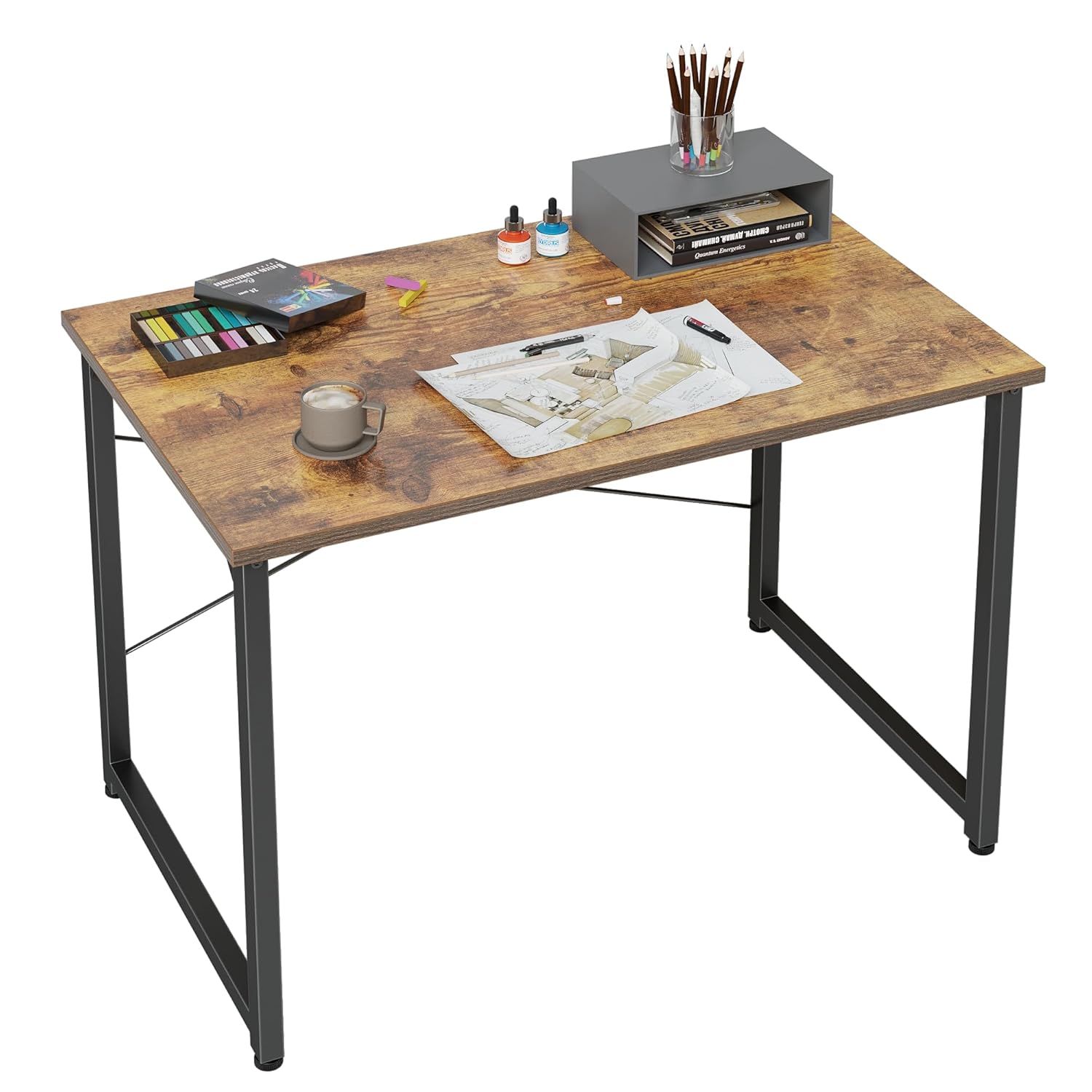 CubiCubi Computer Desk 40" Study Writing Table for Home Office, Modern Simple Style PC Desk, Black Metal Frame, Rustic Brown