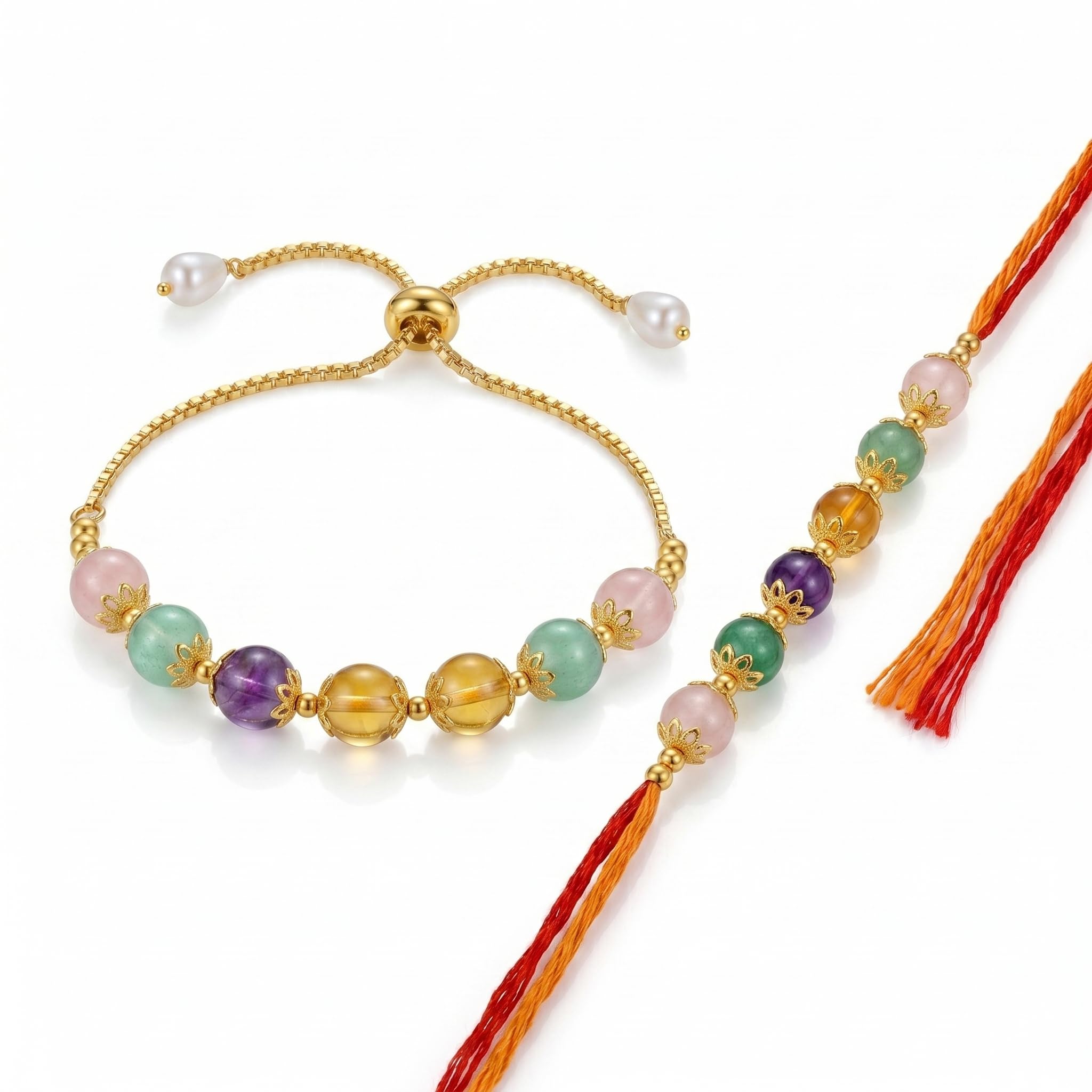 Money Magnet Healing Crystal Rakhi for Brother with Matching Bhabhi Bracelet | Rose Quartz, Green Aventurine, Amethyst & Citrine Natural Gemstone Rakhi Combo | Money Magnet, Prosperity, Luck & Protection | Raksha Bandhan Gift with Roli Chawal-image-12