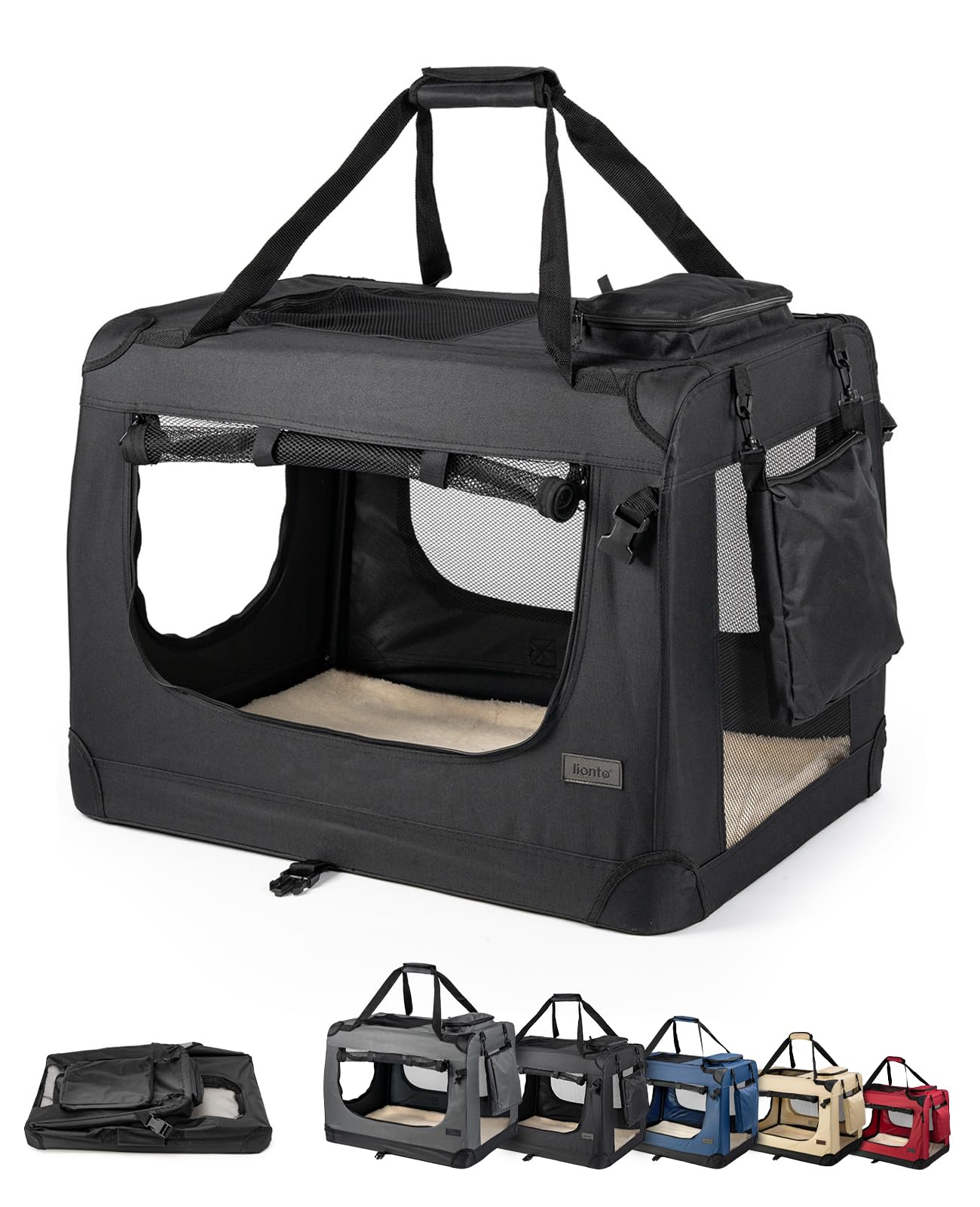lionto Borsa trasportino per cani pieghevole per viaggi e auto, 50x34x36 cm, box di trasporto stabile con maniglie per gatti e animali fino a 10 kg, scatola in tessuto, nero