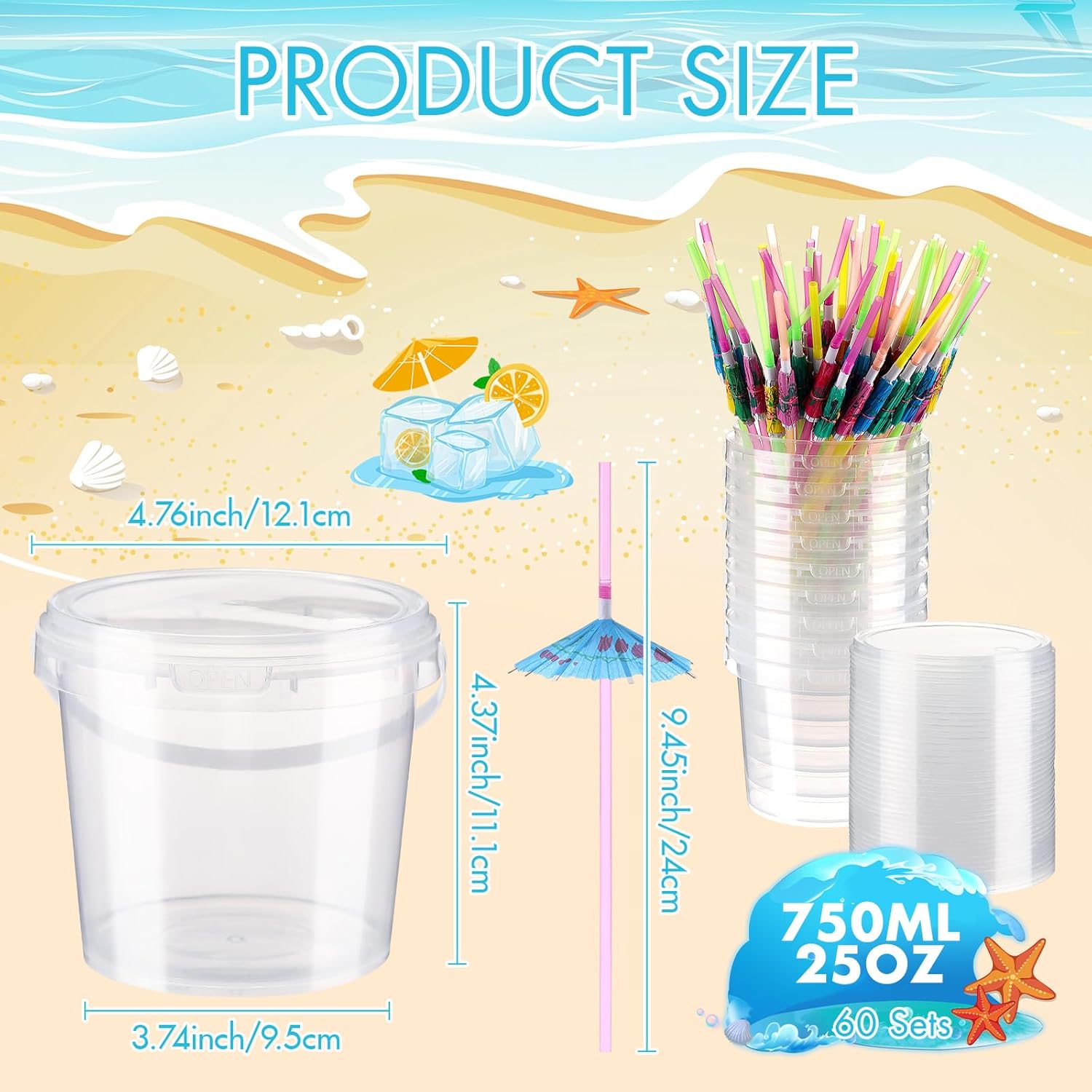 60 Pack 25 oz Clear Plastic Drink Buckets with Umbrella Straws Reusable Clear Drink Cup Cocktail Rum Ice Cream Beverage Containers with Lids Handles for Tropical Summer Party Beach Pool