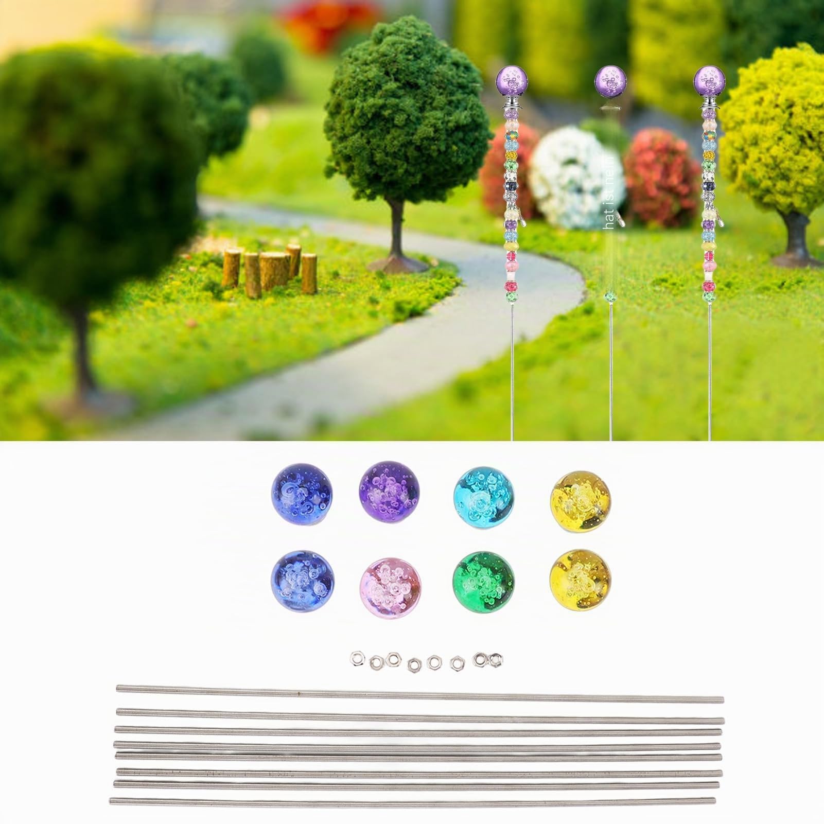 8 Stück Gartenpfähle mit Perlen, Feenstab Perlen Gartenstecker Zauberstäbe Kit mit Kristallstopper Oben, Edelstahl-Gewindestangen, Gartenstecker, Kunsthandwerk für die