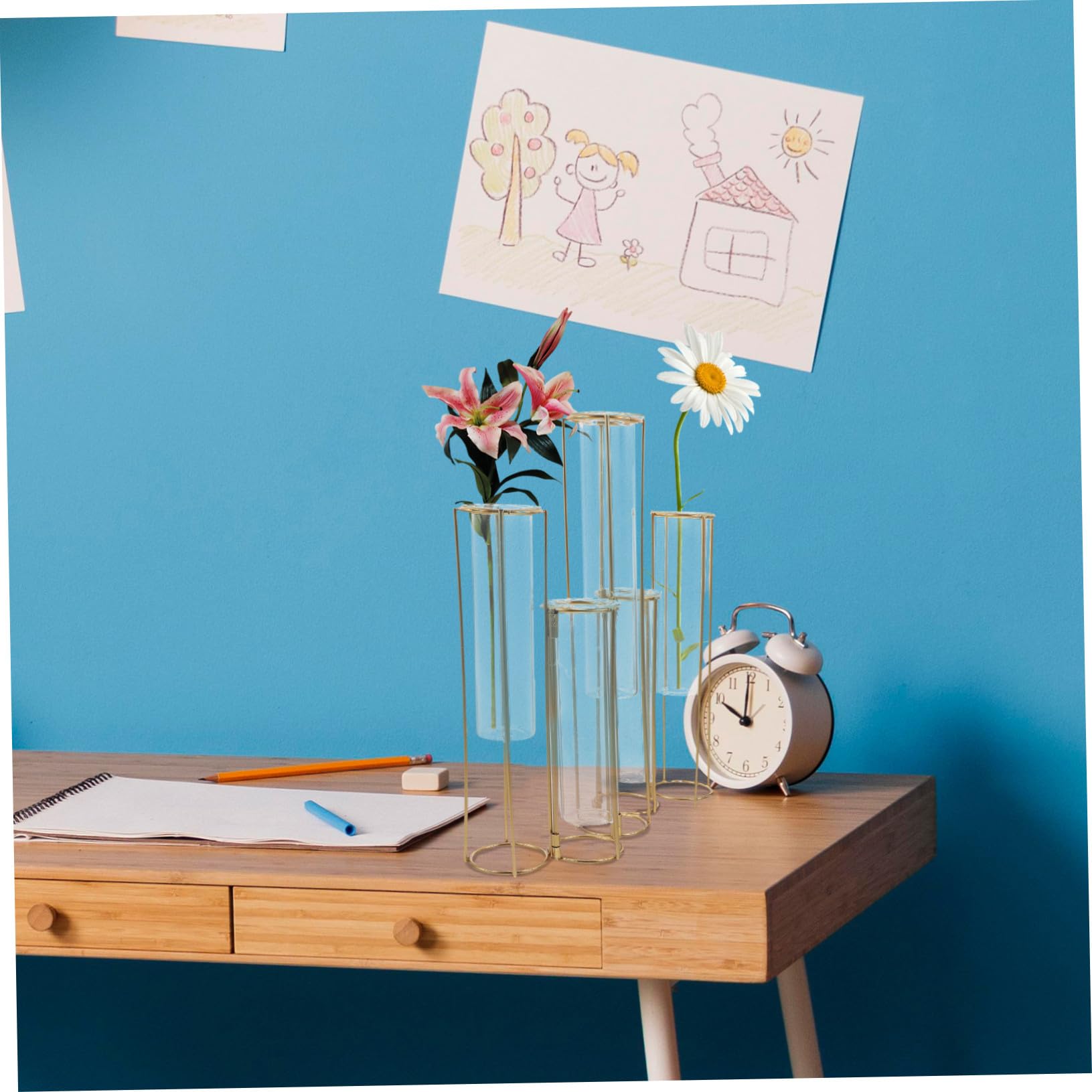 Vase à Plantes Hydroponiques Verre avec Support Métallique Rotatif Station de Propagation pour Fleurs et Racines Tubes Essai Décoratif pour Bureau et Maison