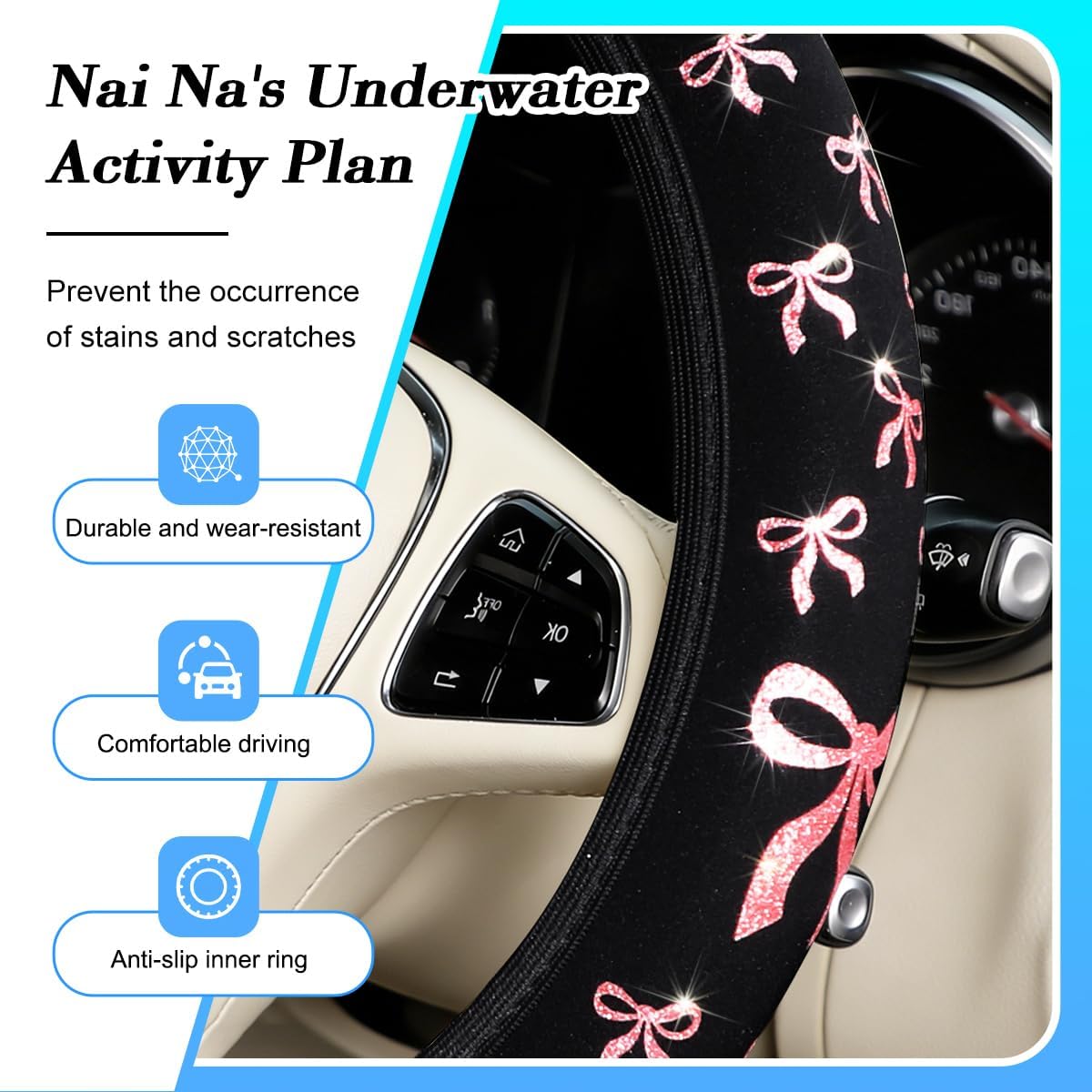 Car Elastic Stretch Steering Wheel Cover, 14.5-15" Cute Bow Breathable Non-Slip Steering Wheel Protector, Auto Interior Decor Accessories for Comfortable Driving, Universal Fit (Black/Pink)