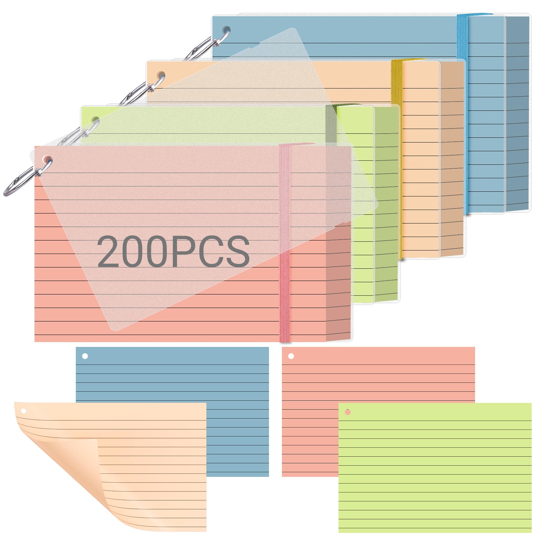 HAUTOCO Colored Index Cards 4x6 Inch 200 PCS Flash Cards with Ring Ruled Notecards with Waterproof Covers Flashcards for Studying Learning School College, 4 Colors 4 Colors-3 4 x 6, 200 PCS