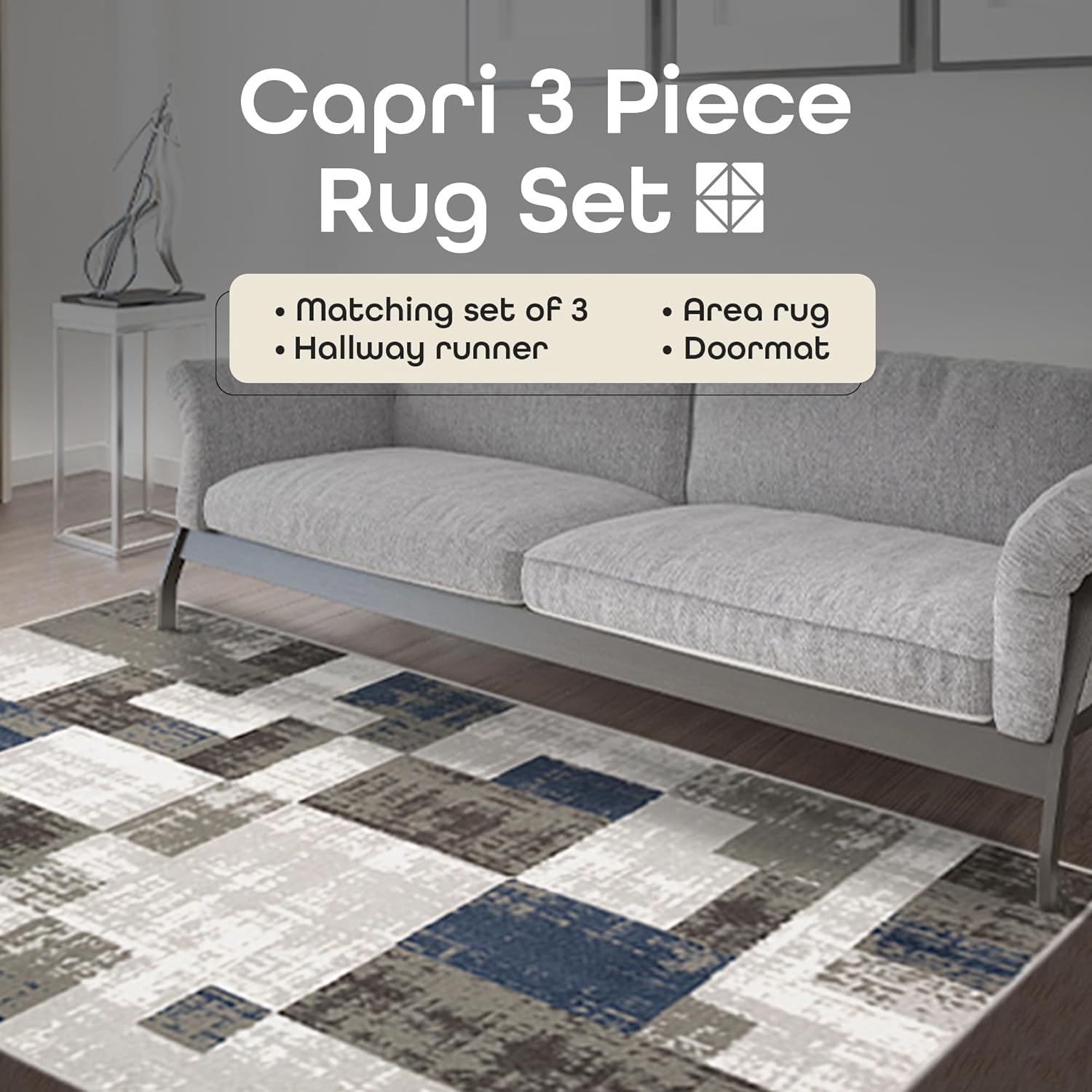 ACHIM 3-Piece Indoor Area Rug Set - Non-Slip Rug Set Includes Large Area Rug with Hallway Runner & Door Mat - Living Room, Bedroom, Kitchen & Entryway Rugs - Soliel Home Decor