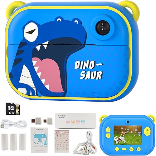 Cámara de impresión instantánea para niños, regalos de cumpleaños de Navidad para niños, cámara de dinosaurio azul, cámara de fotos con 3 rollos de