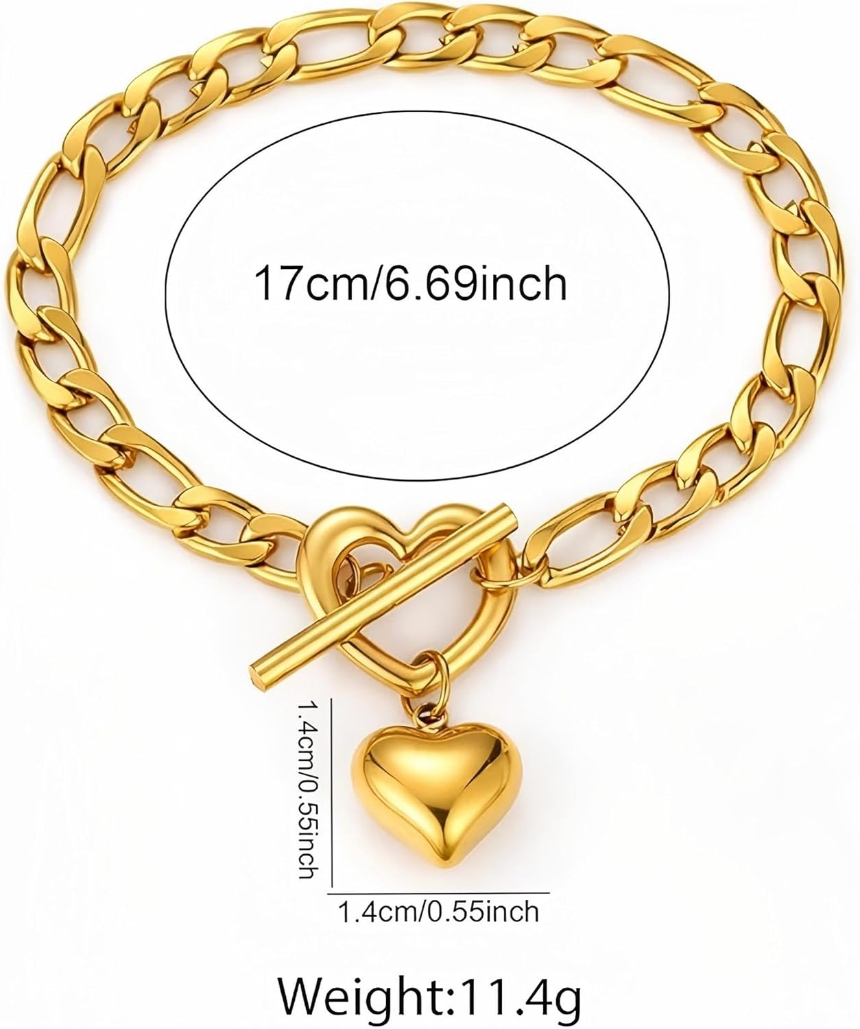Chunky 14K Gold Plated Heart Bracelet for Women – Stainless Steel Puffy Heart Charm Figaro Chain, Heart Toggle Clasp, Hypoallergenic Statement Jewelry Gift for Valentine‘s Day Birthday