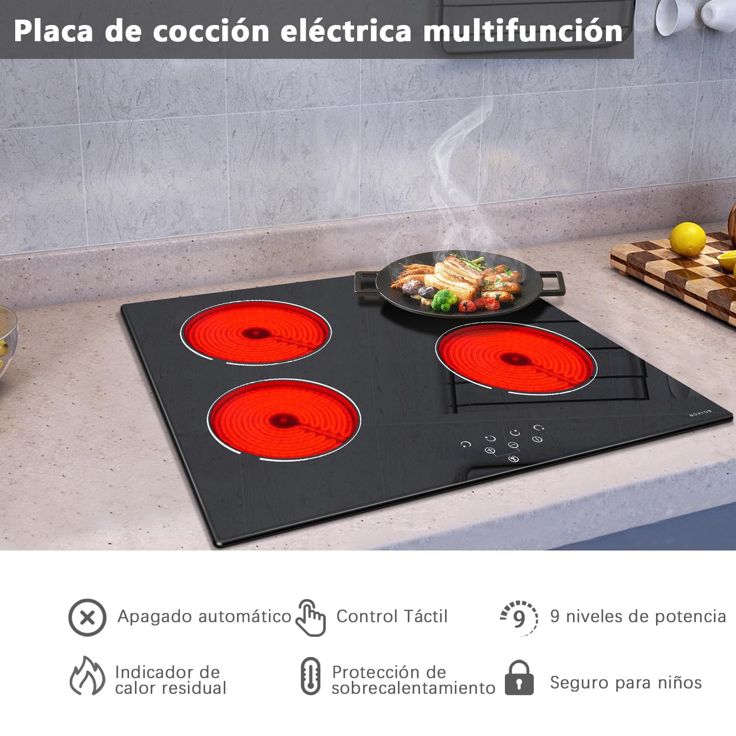 NOXTON Placa vitroceramica 4 fuegos, 60 cm, Control táctil, 6000 W | 9 niveles de potencia, Bloqueo para niños, Indicador de calor residual, 220-240V, Encastrable, Sin enchufe.