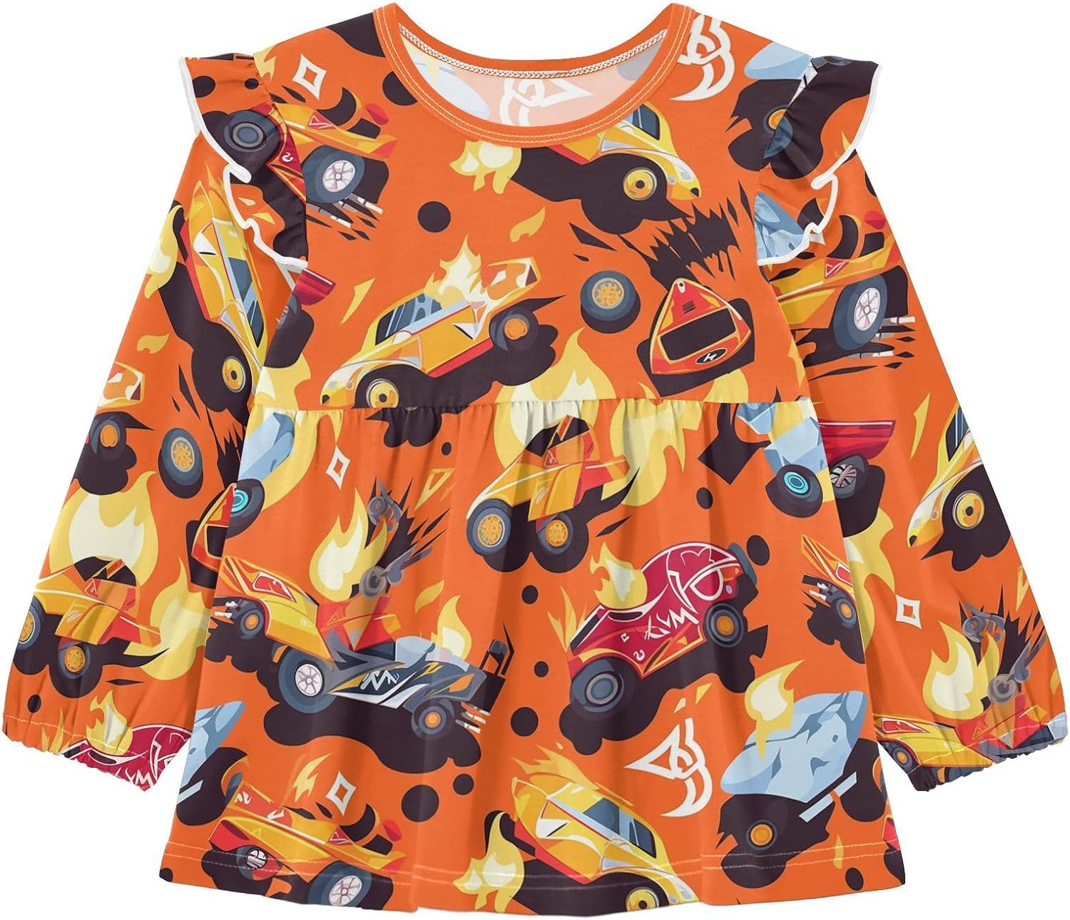 visesunny Toddler Clothes for Girls Flaming Car Long Sleeve Fall Shirts Cotton Top with Ruffle Collar
