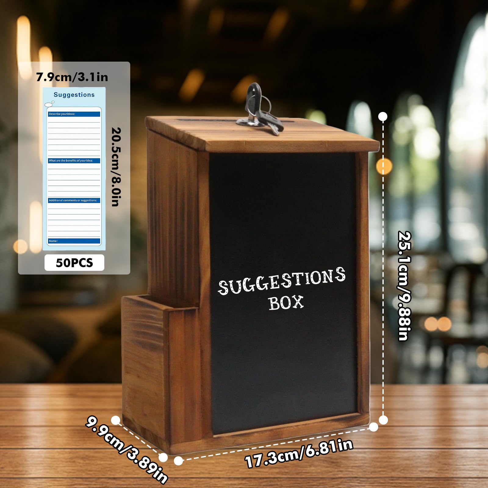 Caja de madera con cerradura, caja de sugerencia, buzón con pizarra y 50 tarjetas de propuesta, caja de reparto para escuela, oficina, hospital, propuesta, donación, boleta