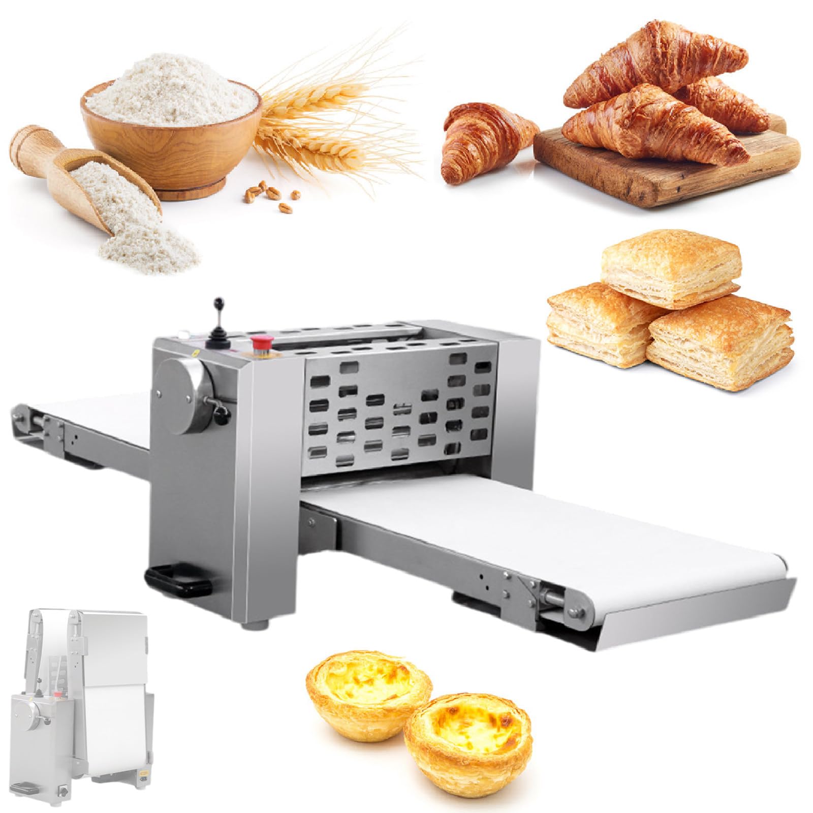 SENJINGHUA Commercial Dough Sheeter Machine, Reversible Puff Pastry Sheeter and Fondant Roller, Electric Dough Roller 0.04" to 1.38" Adjustable Thickness, for Bakeries, Pastries,110V