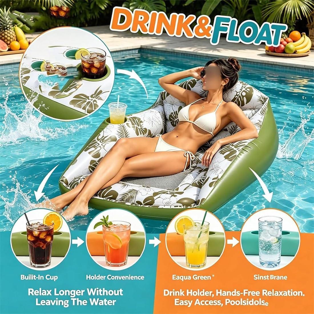 3-In-1-Aufblasbare Poolliege, Aufblasbarer Poolstuhl-Schwimmer, Schwimmender Mehrzweck-Wassersofa-Schwimmer Mit Getränkehalter, Strapazierfähig for Pool-Strandparty,Outdoor-Spiele