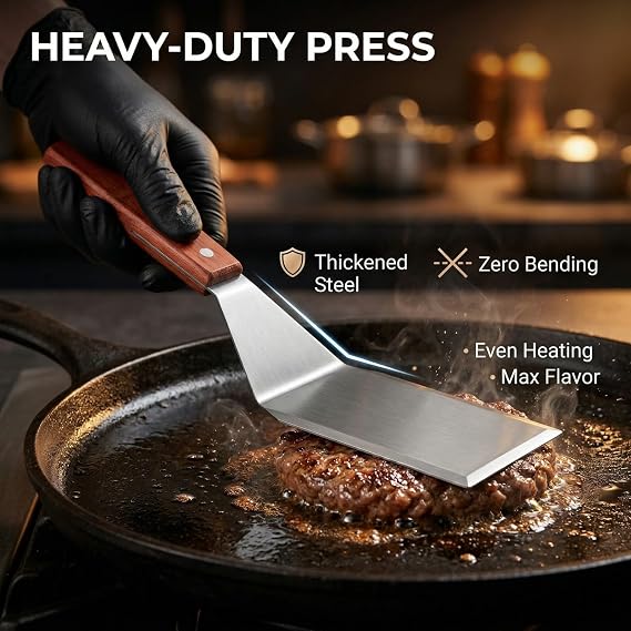 QLK Metal Spatula for Cast Iron Skillets, Heavy Duty Stainless Steel Spatula with Wooden Handle, Pancake Spatula Smash Burger Turner, Smash Burger Spatula Turner for Flipper, Cooking, BBQ