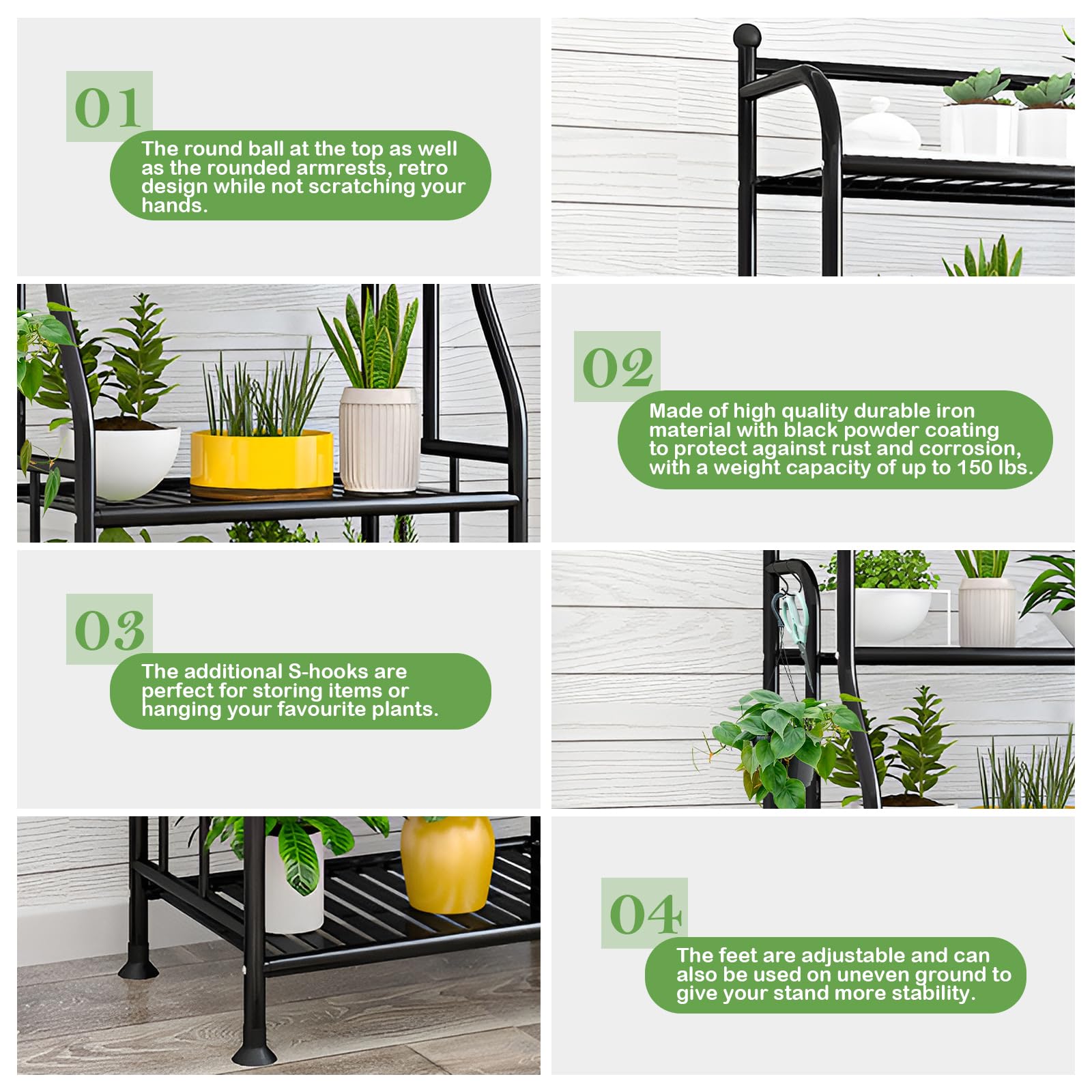 Blumenregal Metall, 5 Tire Schwarz Pflanzenständer mit 10 Haken, Pflanzenregal Blumenständer Lagerregal Blumentreppe Pflanzentreppe Gartenregal Plant Stand für Indoor Outdoor Balkon Küche