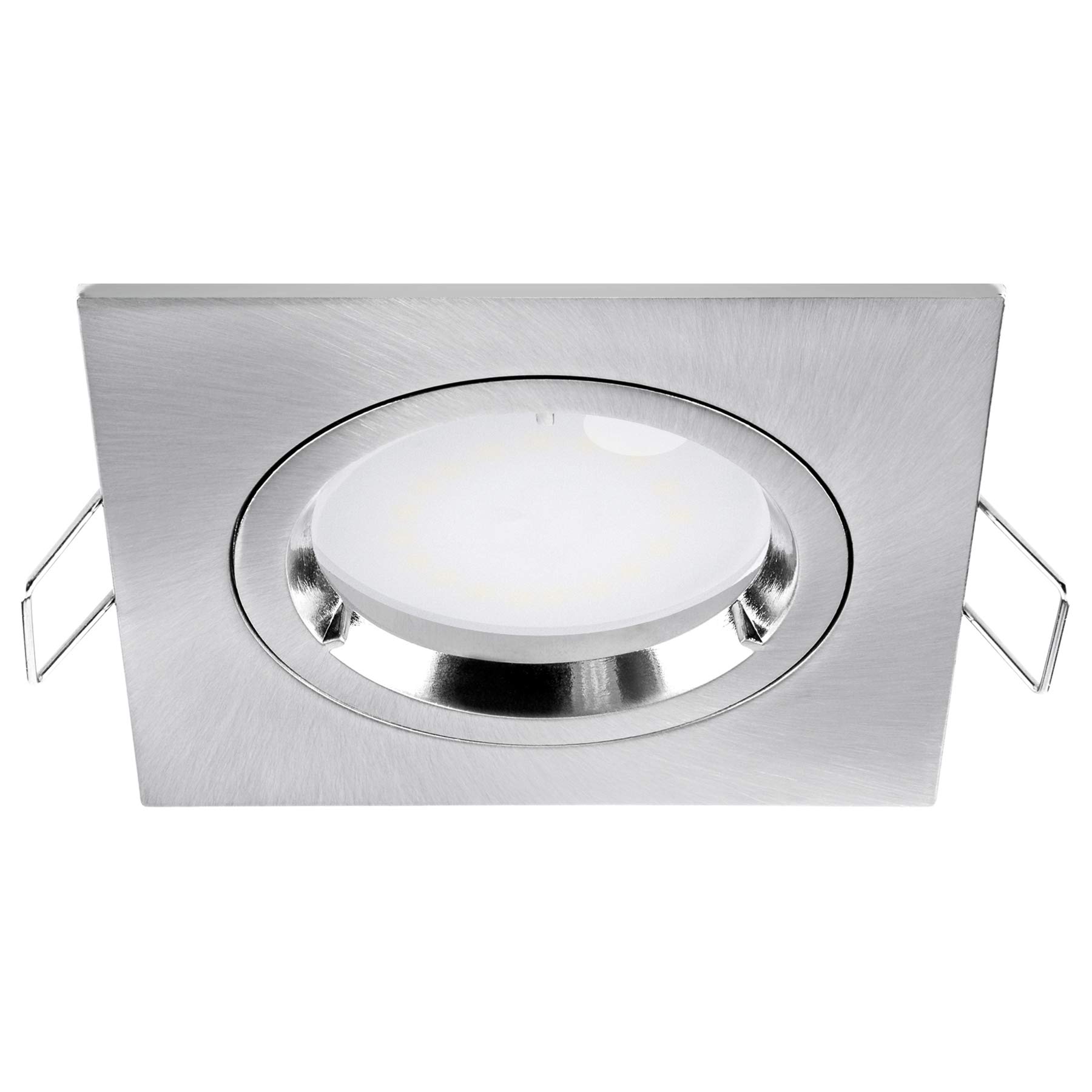 linovum Einbaustrahler 10er Set eckig silber GU10 4W warmweiß fourSTEP | Zehn Deckenspots eckig Alu gebürstet - in 4 Stufen dimmbar ohne Dimmer, warmweiß, für Wohnzimmer & Flur, inkl. GU10 LED