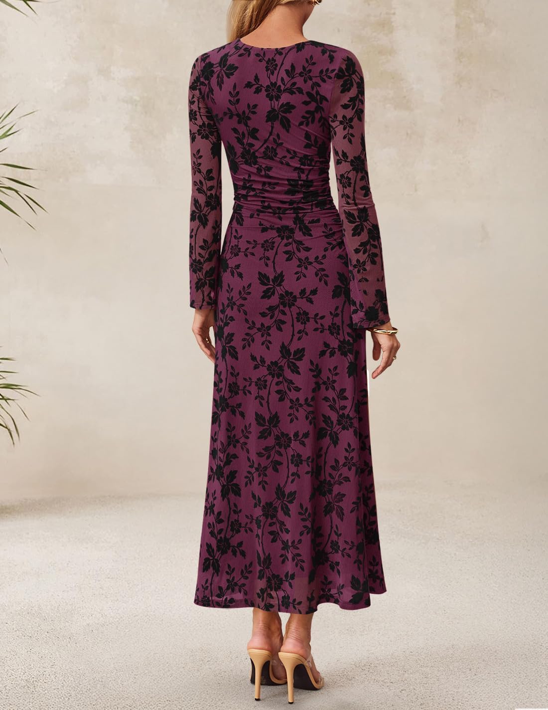 ZESICA Women's Long Sleeve Floral Bodycon Dress 2026 Spring Fall Ruched Mesh Wedding Guest Cocktail Party Maxi Dresses - Image 3