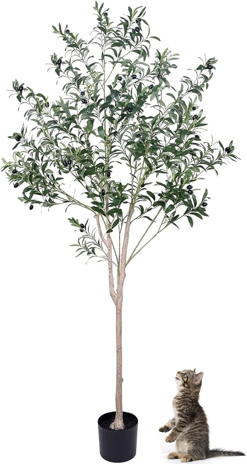 JUSTOYOU Olive Trees Artificial Indoor, 7FT Tall Faux Olive Tree Artificial Plants Potted Tree with Wood Branches and Fruits for Living Room Bedroom Modern Home Decor