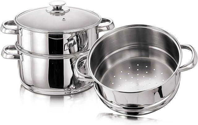 22 cm Euro Steamer Cookware Set with Glass Lid & Handles Stainless Steel Pan 3 Tier Pot CAPSULATED Bottom Prima Kitchen Home Cook Chef Healthy Veg Cooking Housewarming Gifts UK Free P&P