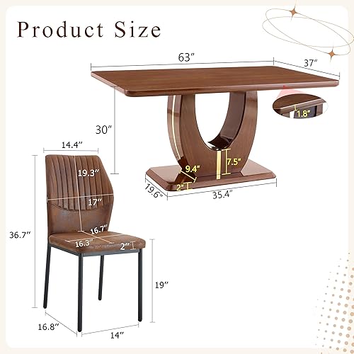 Miniatura 4 de JUFU Juego de mesa de comedor moderno para 6, juego de mesa de cocina de 63 pulgadas con mesa de mármol sintético y 4 sillas tapizadas de piel