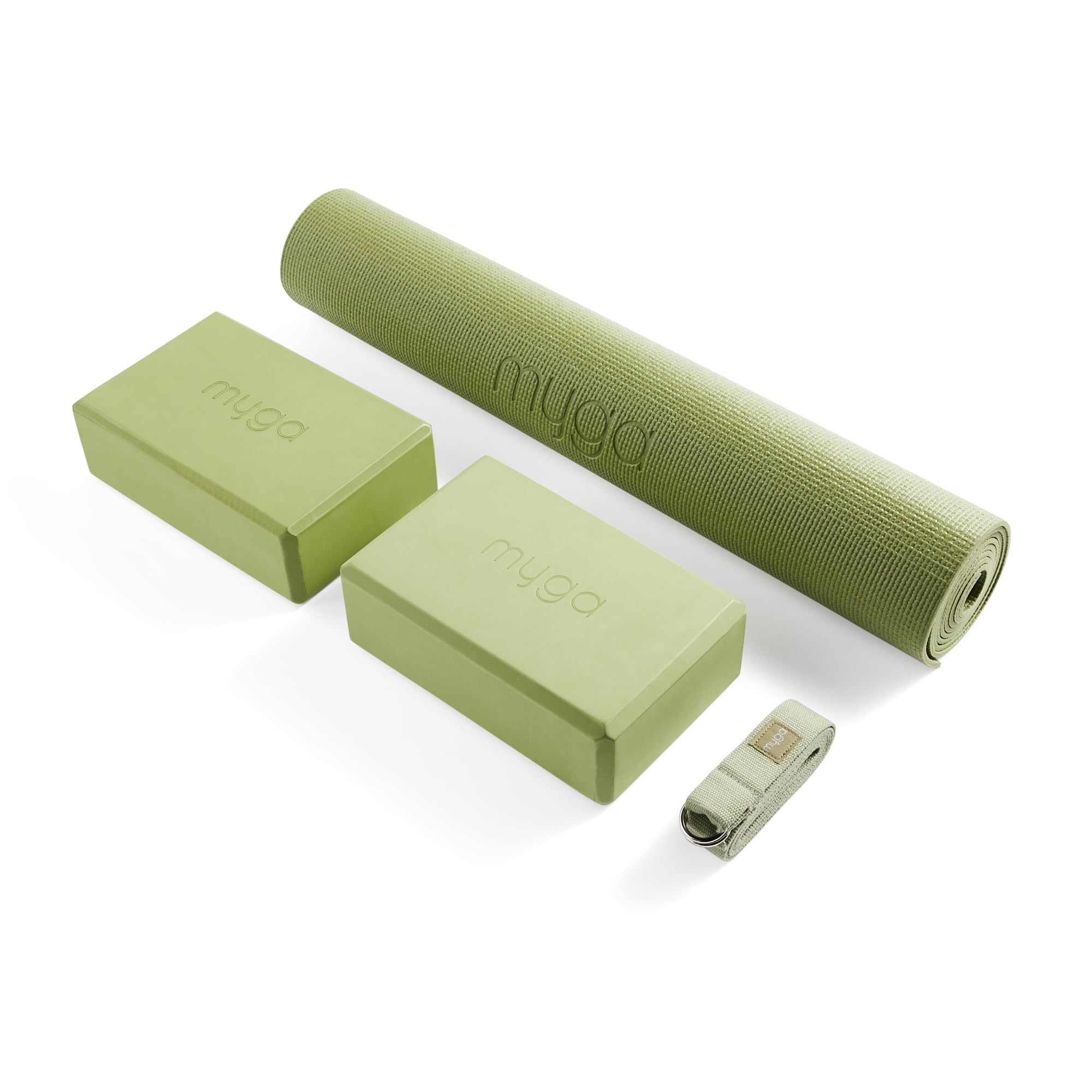 Myga Yoga Starter Set – Yoga Mat, 2 Yoga Blocks & Strap with Metal D-Ring – Non-Slip Yoga & Pilates Kit for Home Workouts & Fitness – Lightweight & Durable | 173cm x 61cm x 4mm (Moss)
