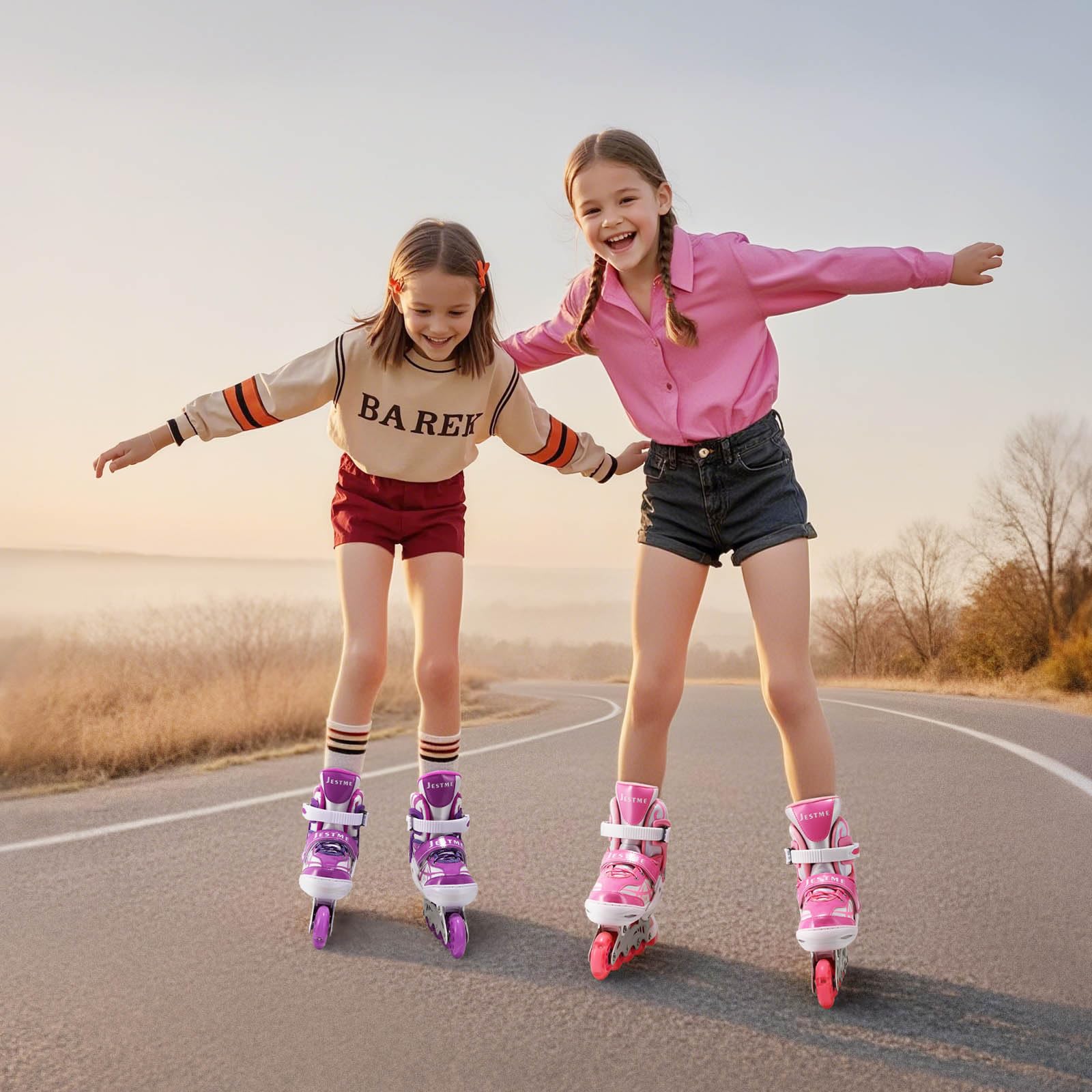 Pattini in linea regolabili per bambini ragazze ragazzi principianti, Pattini a rotelle rosa e viola per bambino e adolescente per lo sport