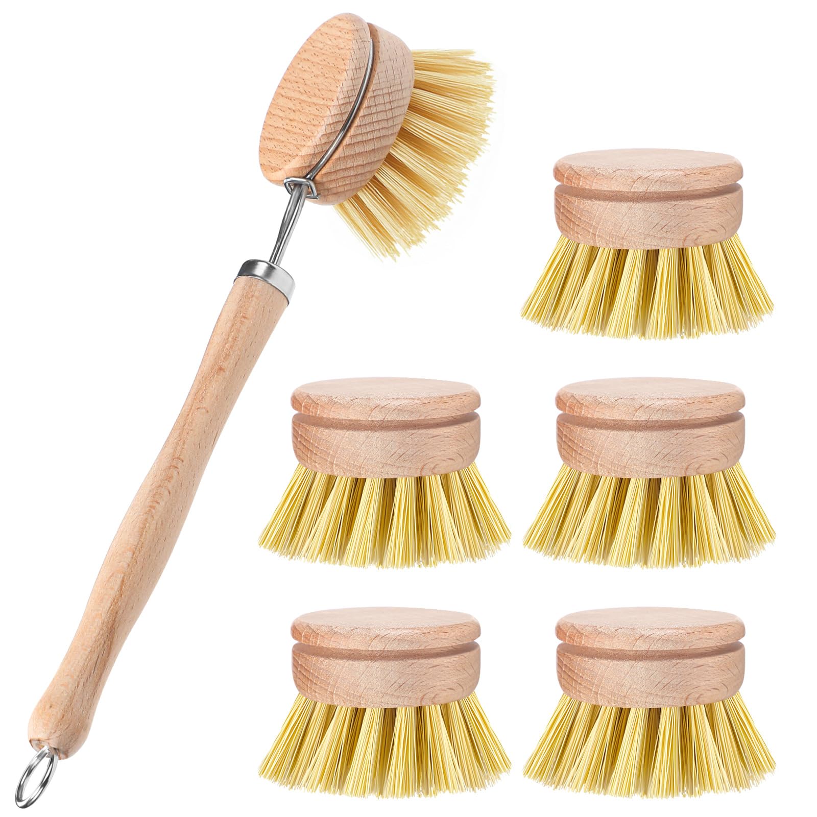 Whmwt 6 Natural Beechwood Dish Scrub Brush With 2 Replacement Heads - Eco-Friendly Cleaning Tool For Pots And Pans(6)