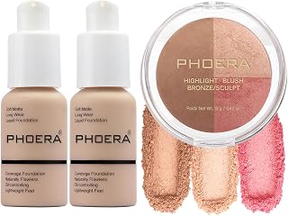 PHOERA Foundation, Contour Palette, Shades With Highlighter, Bronzer & Blush, Makeup Lightweight Long Lasting Wrinkles Matte Natural Finish (102+102+ #002 Contour/Nude+ Nude+#002)