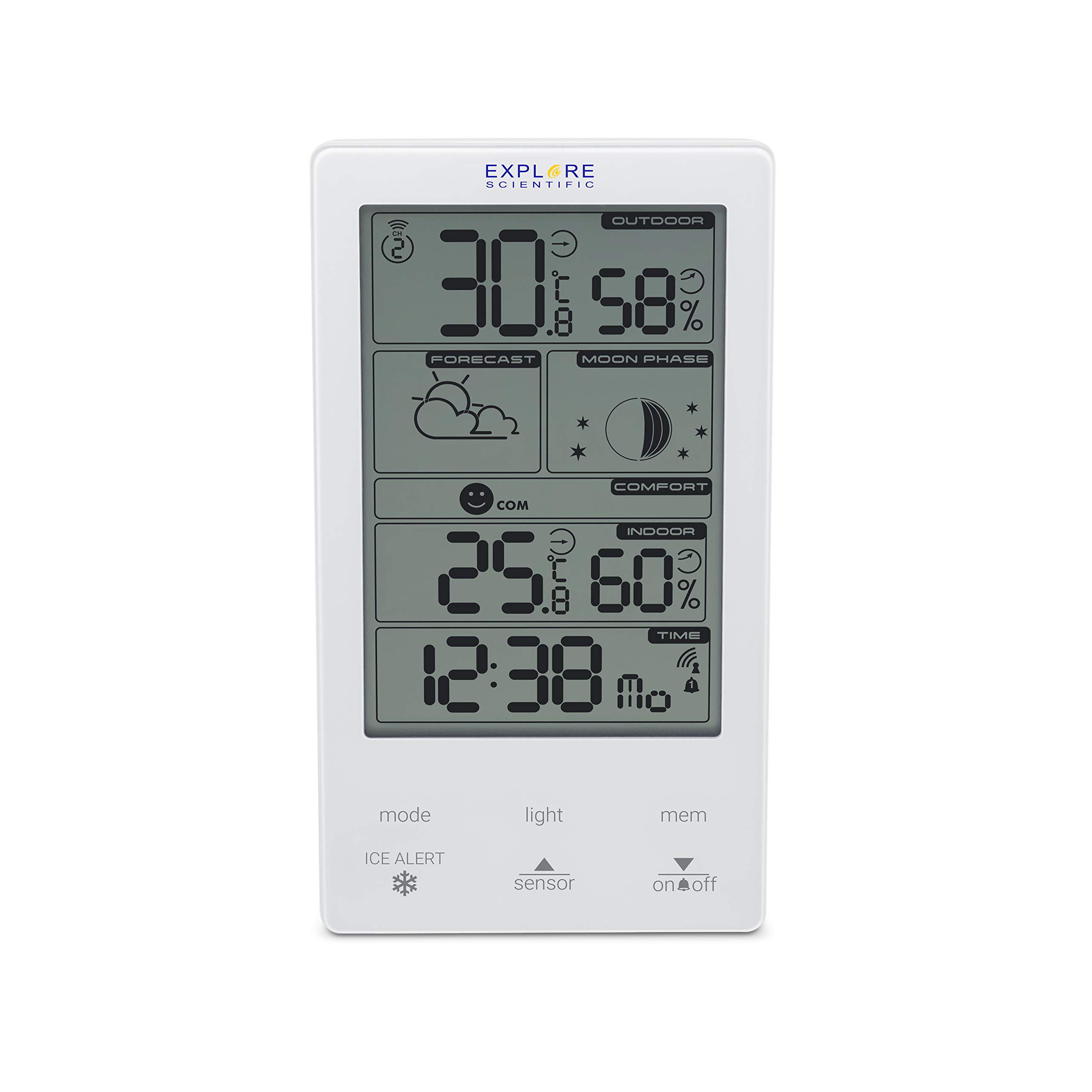 Explore Scientific WSH4009, Stazione meteo con display touch Bianco e Nero, Previsioni del tempo, Dual alarm, Fasi lunari, Bianco